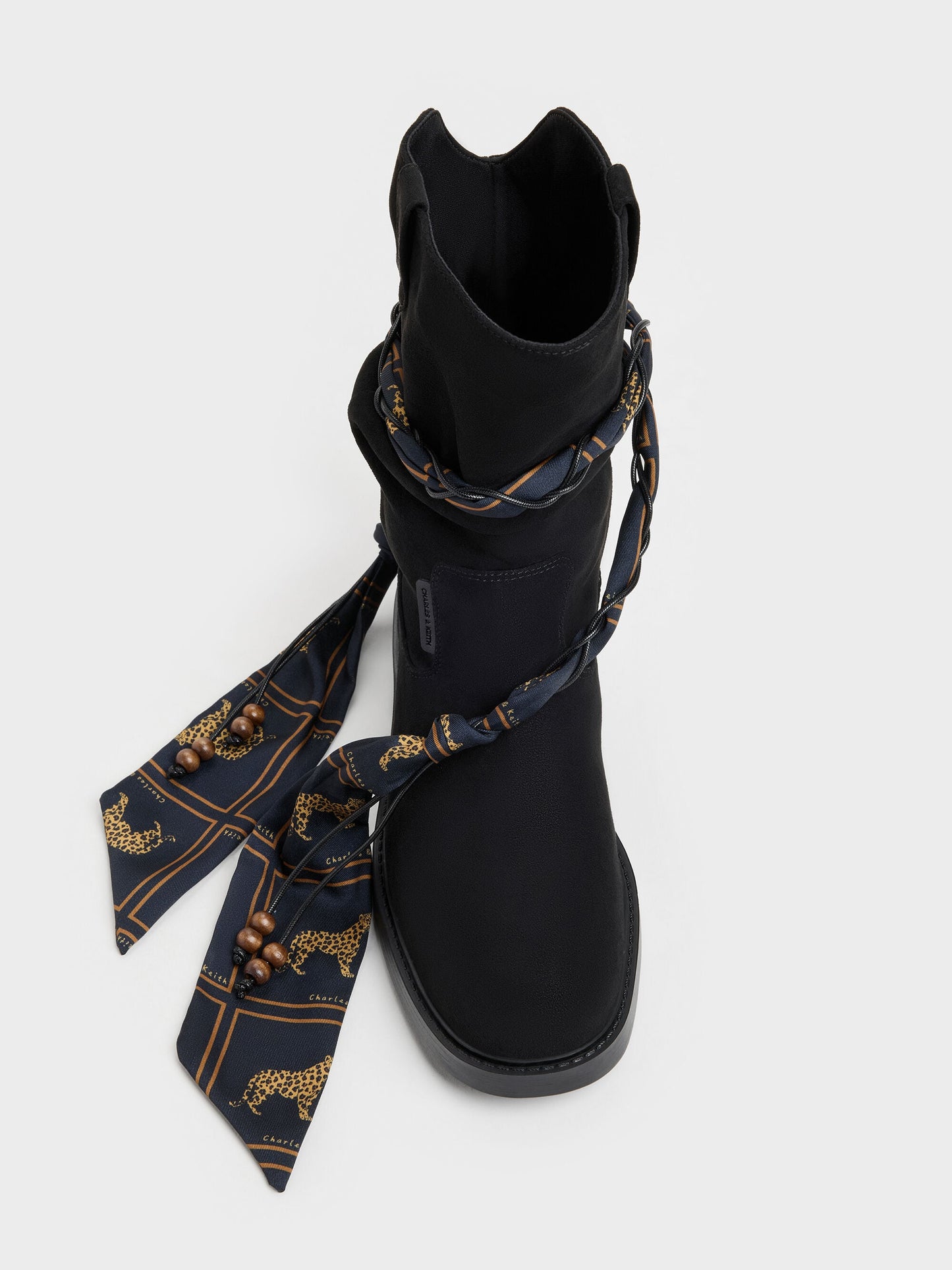 Faux Suede Printed-Scarf Calf Boots - Black Textured | CHARLES & KEITH