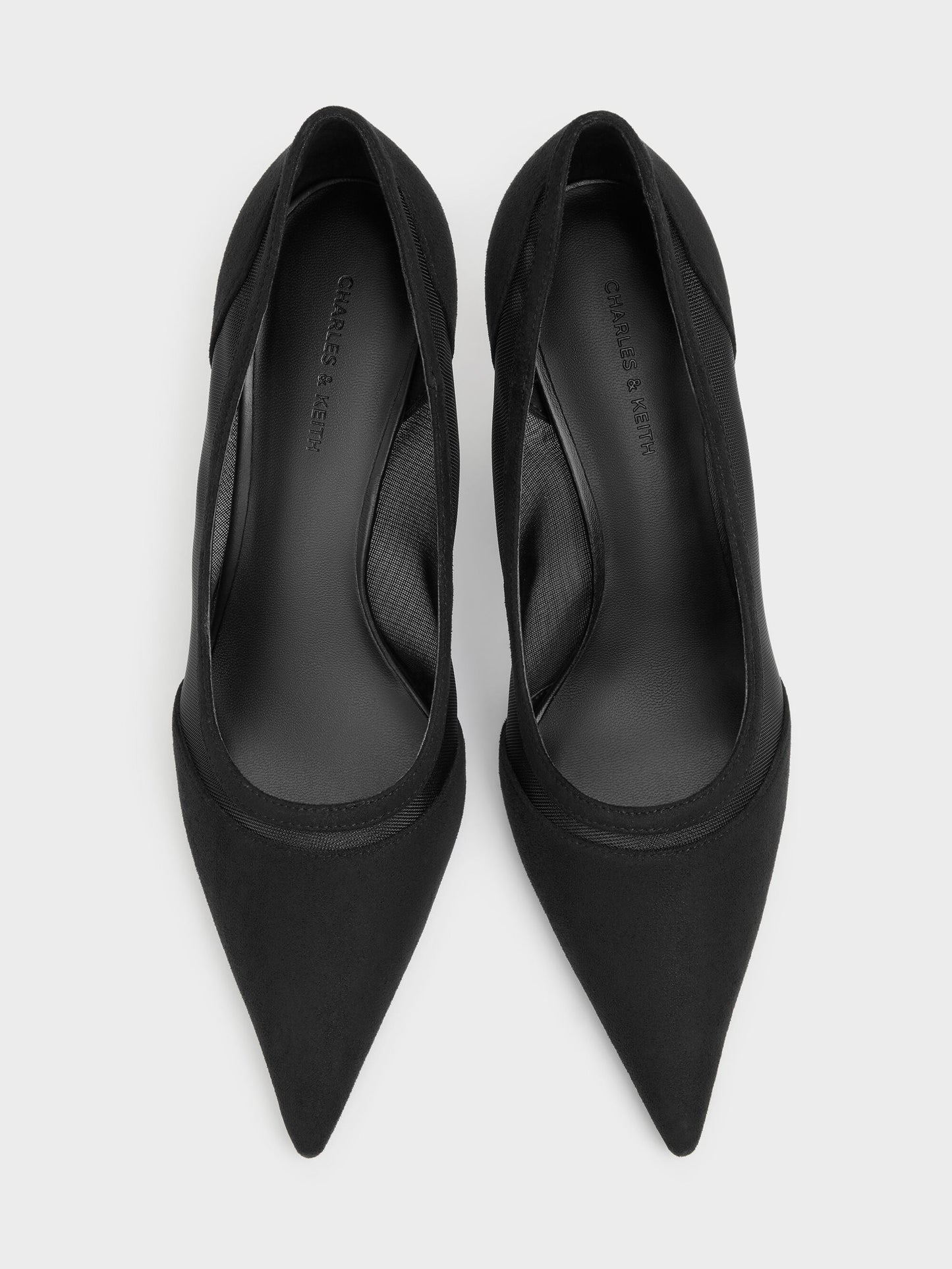 Faux Suede & Mesh Pointed Pumps - Black Textured | CHARLES & KEITH