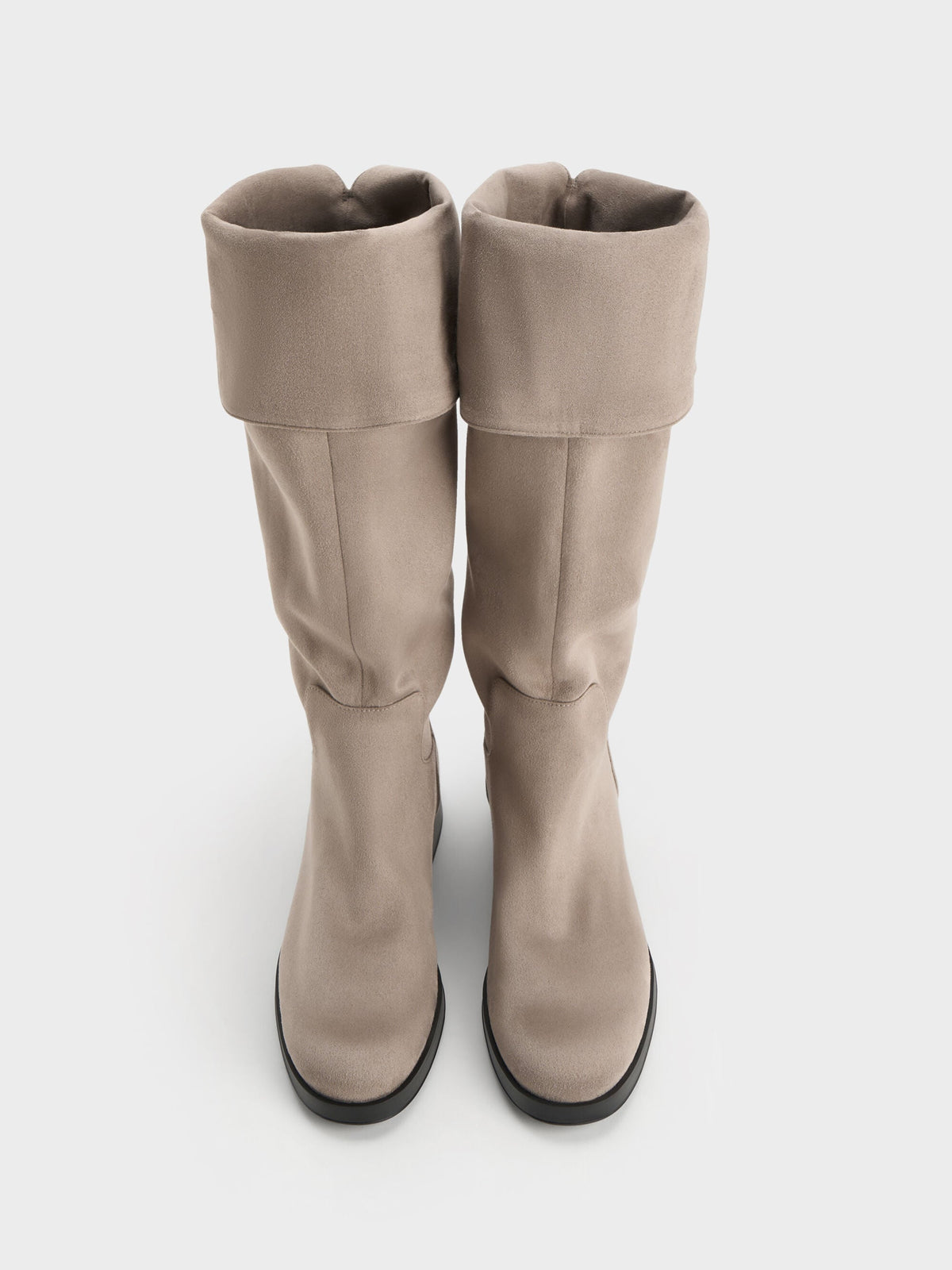Louisa Faux Suede Fold-Over Thigh-High Boots - Taupe | CHARLES & KEITH