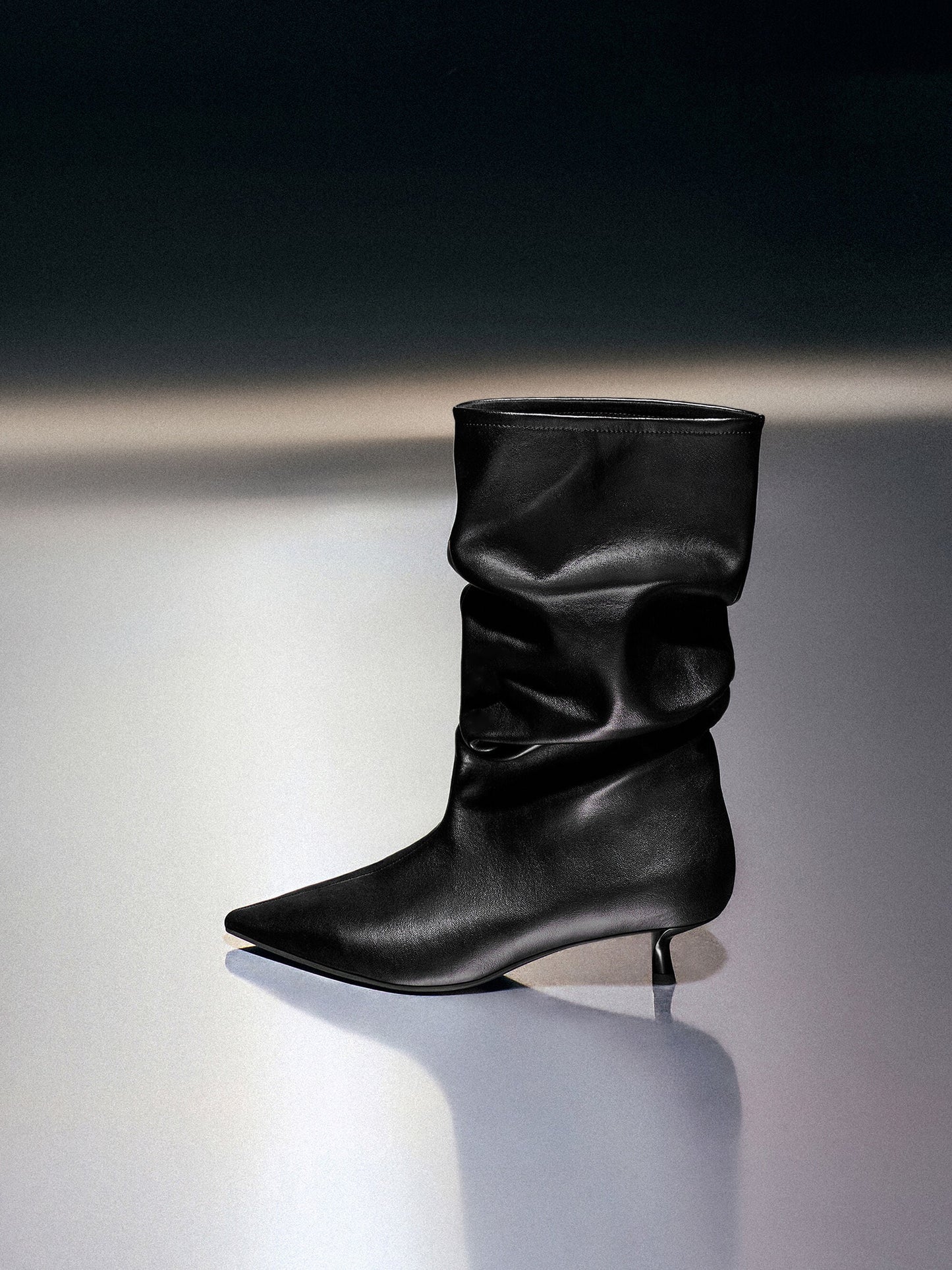 Ruched Kitten-Heel Calf Boots - Black | CHARLES & KEITH