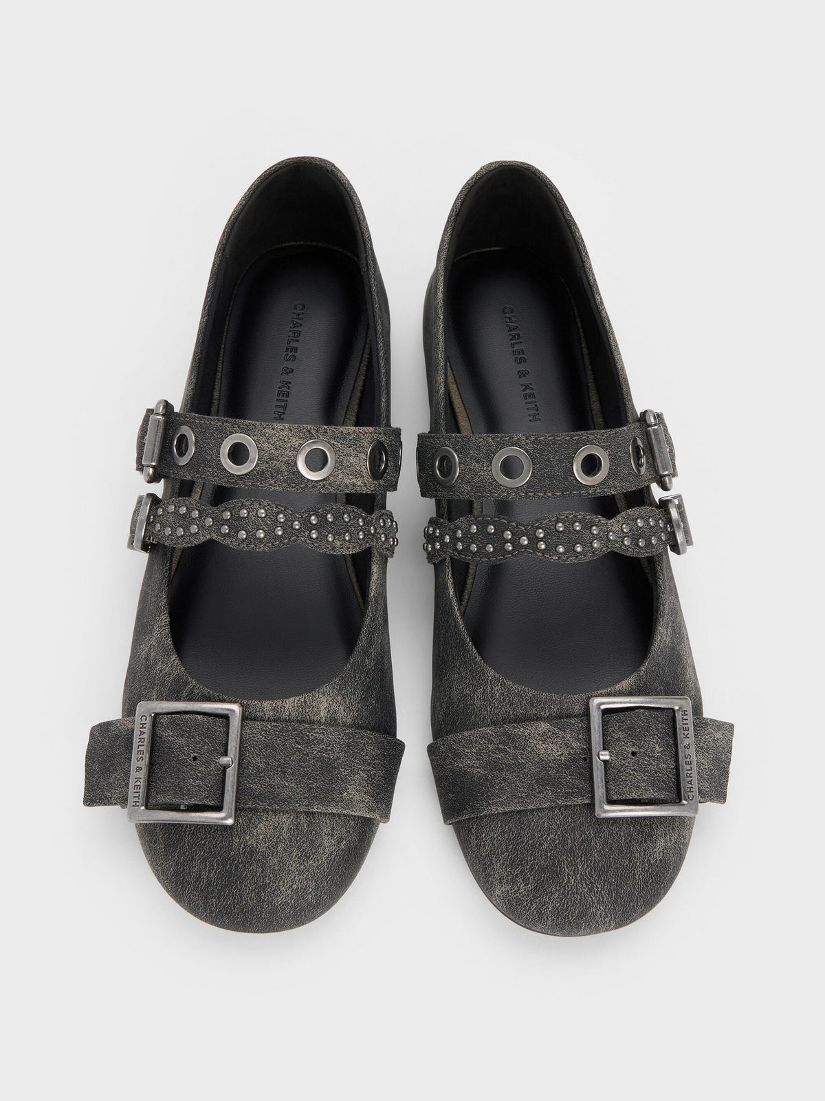 Aether Grommet Studded Mary Jane Flats - Dark Grey | CHARLES & KEITH