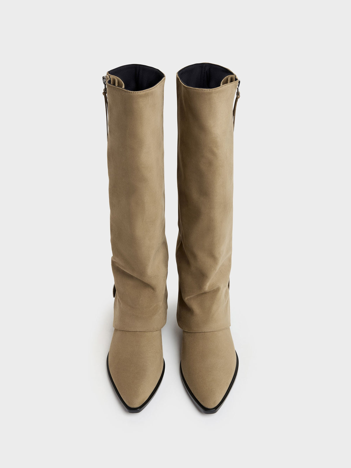 Aether Faux Suede Tassel-Zip Knee-High Boots - Khaki | CHARLES & KEITH