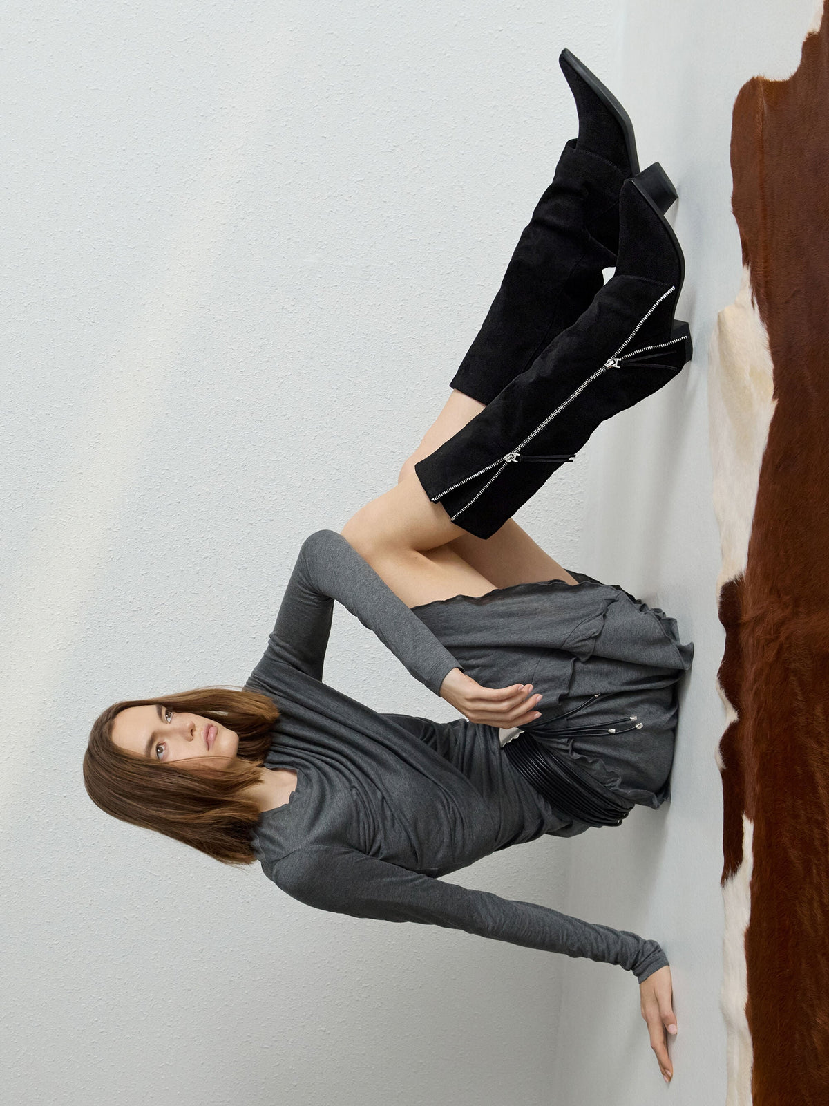 Aether Faux Suede Tassel-Zip Knee-High Boots - Black Textured | CHARLES & KEITH
