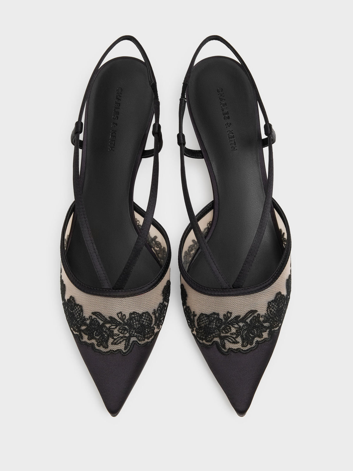Satin Embroidered-Mesh Slingback Kitten Heels - Black Textured | CHARLES & KEITH