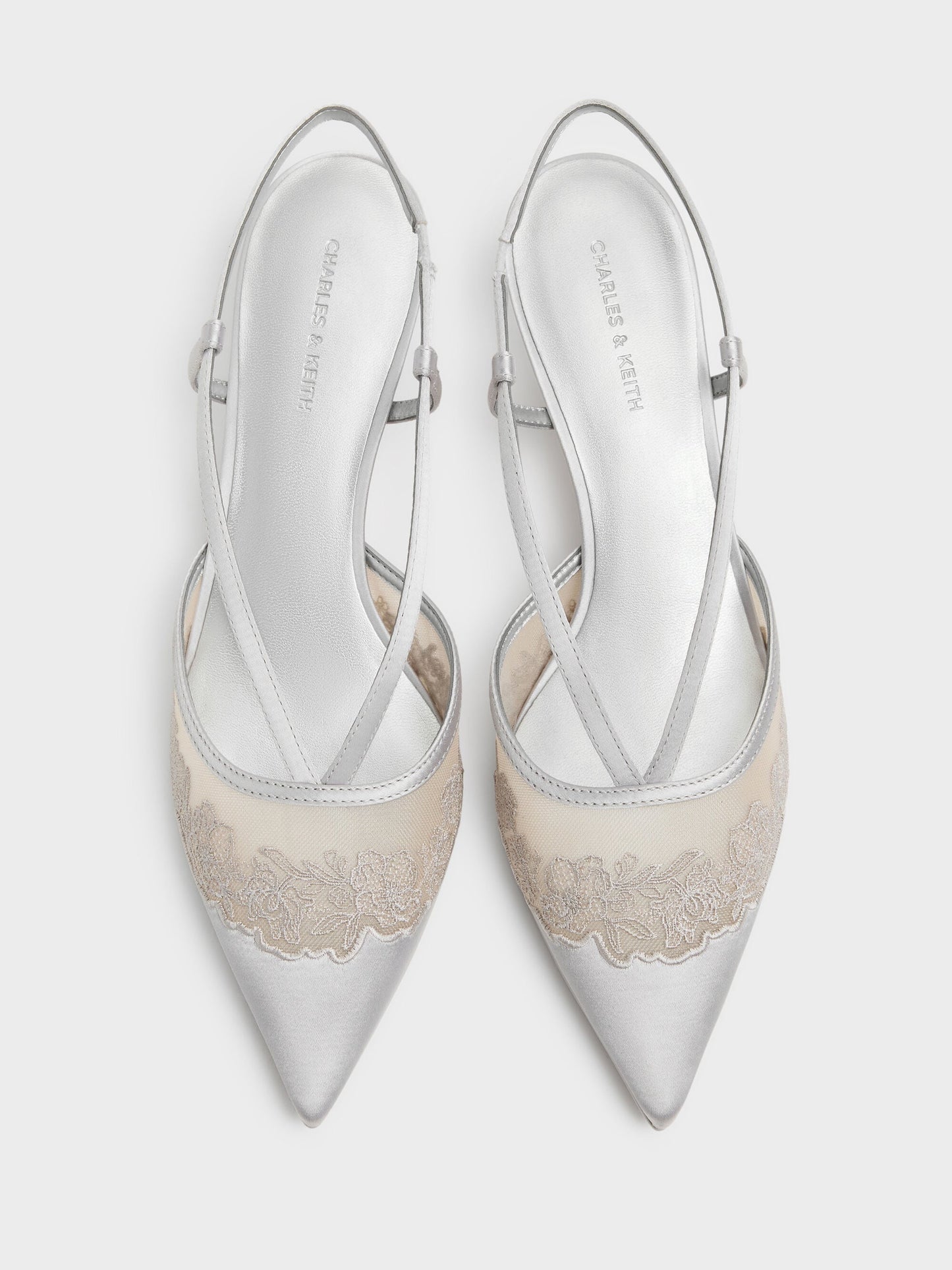 Satin Embroidered-Mesh Slingback Kitten Heels - Silver | CHARLES & KEITH