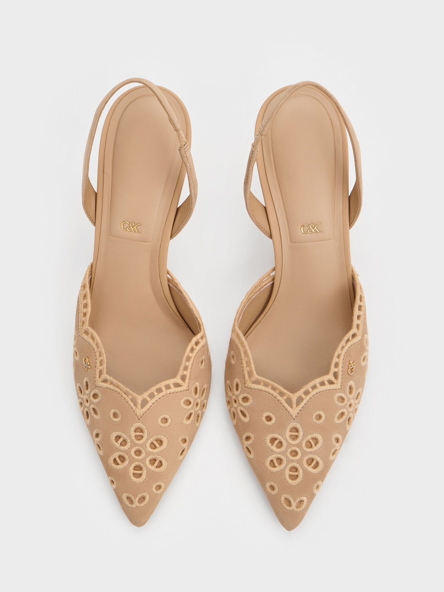 Leather Embroidered Pointed Slingback Pumps - Beige | CHARLES & KEITH