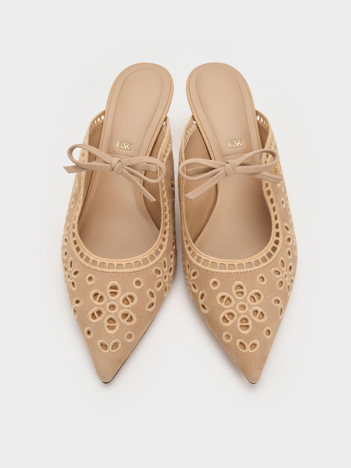 Leather Embroidered Heeled Mules - Beige | CHARLES & KEITH
