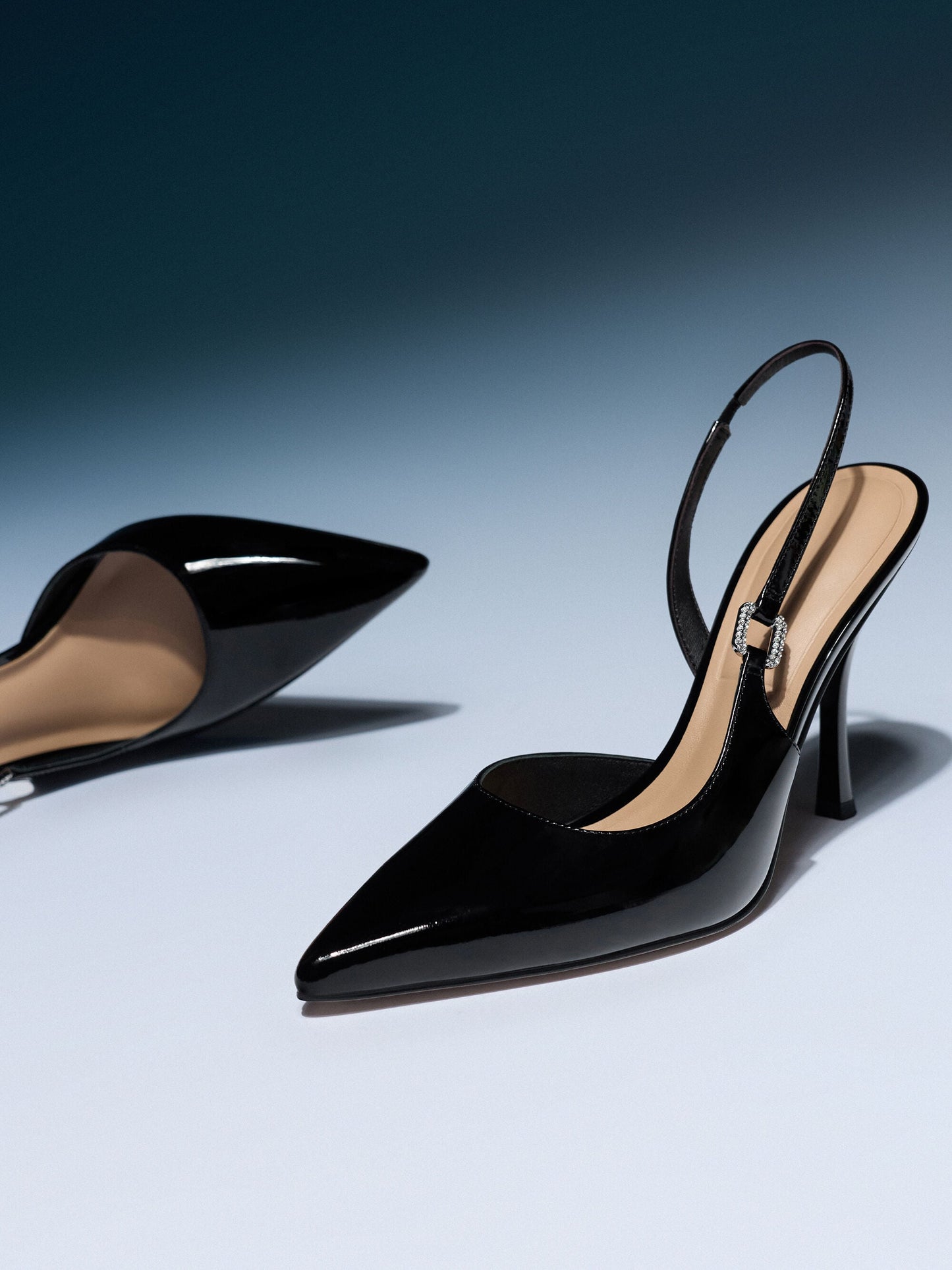 Patent Leather Crystal-Buckle Slingback Pumps - Black Patent | CHARLES & KEITH