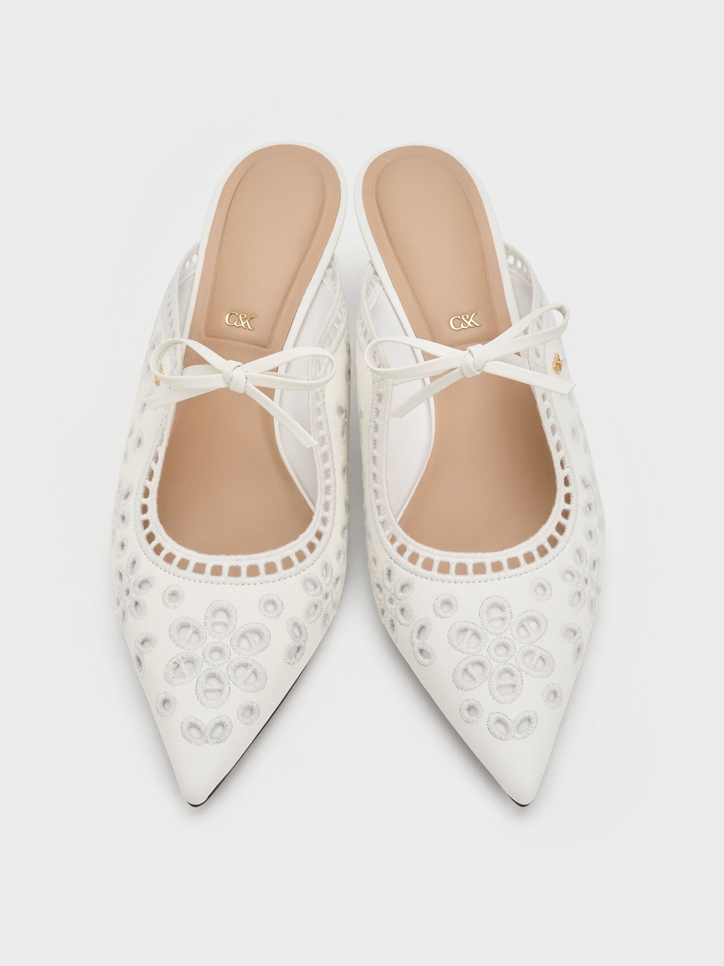 Leather Embroidered Heeled Mules - White | CHARLES & KEITH