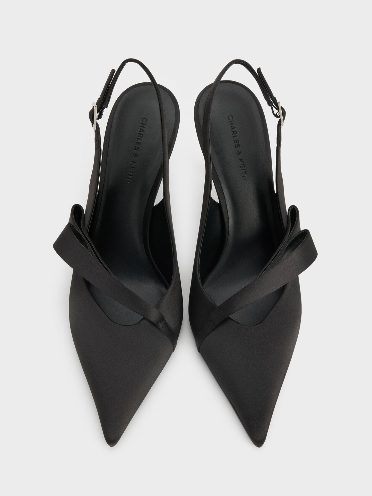 Satin Pleated-Strap Slingback Pumps - Black Textured | CHARLES & KEITH
