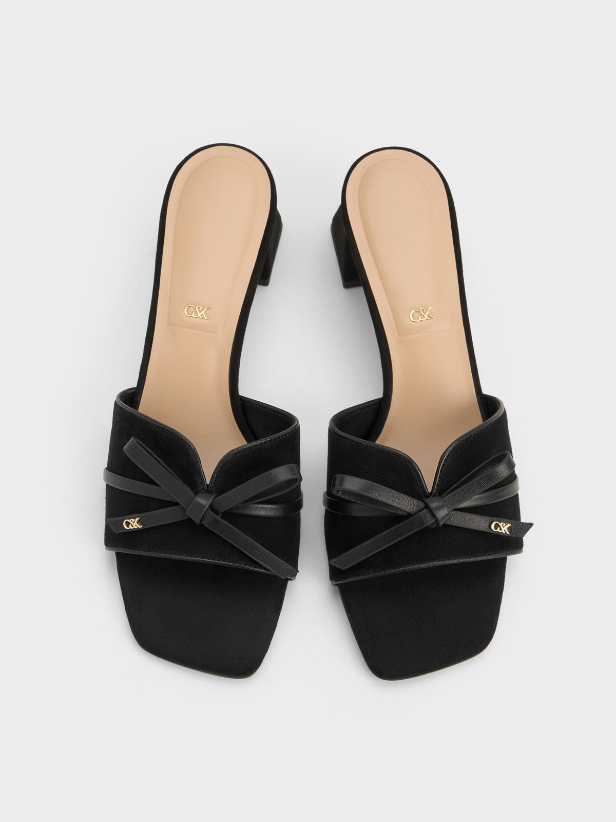 Leather & Suede Bow Heeled Mules - Black Textured | CHARLES & KEITH