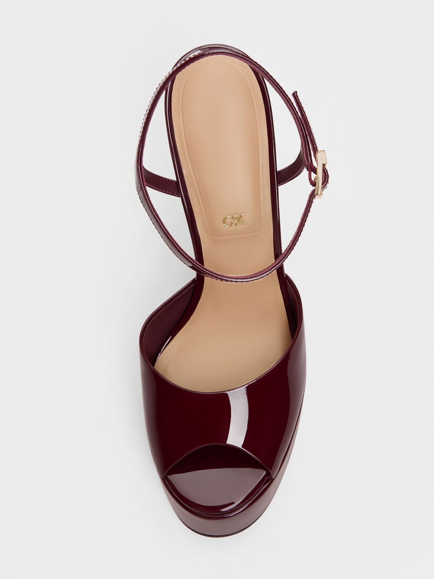 Francesca Patent Leather Peep-Toe Platform Heels - Burgundy | CHARLES & KEITH