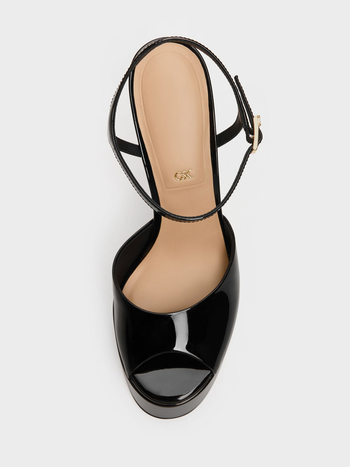 Francesca Patent Leather Peep-Toe Platform Heels - Black Patent | CHARLES & KEITH