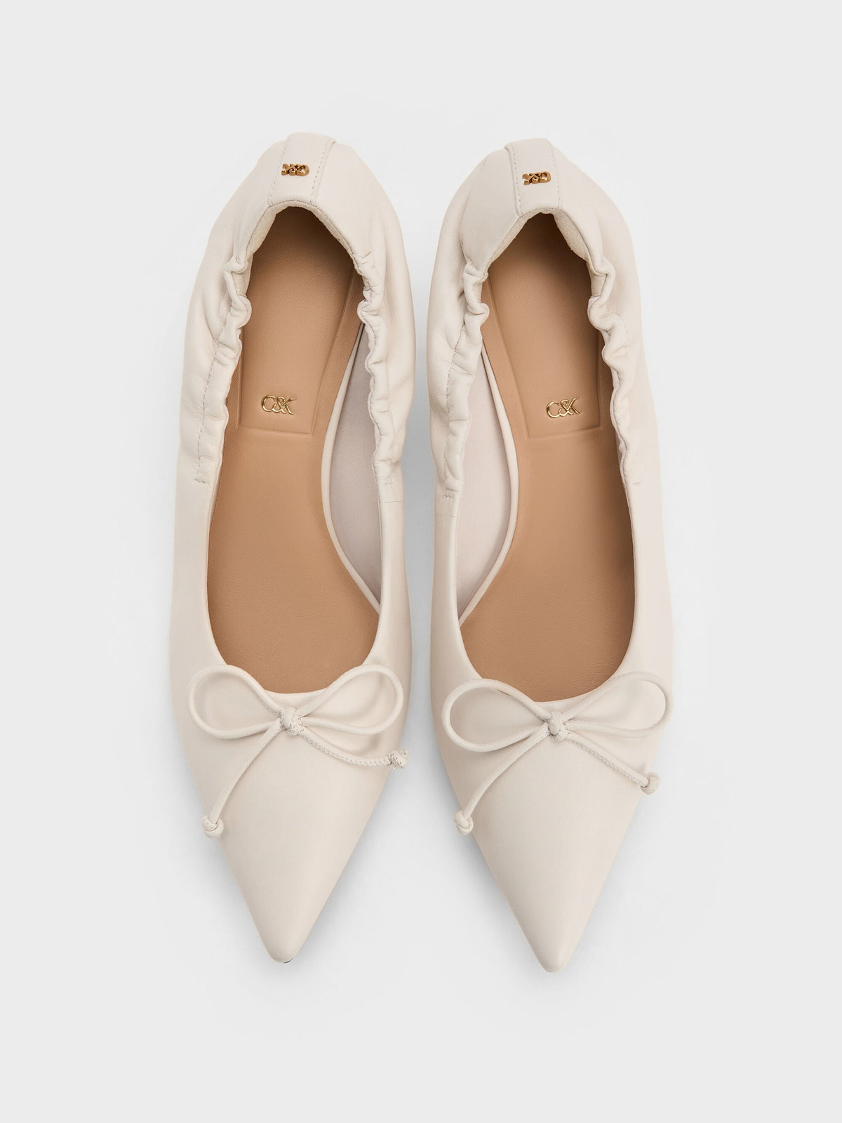 Leather Ruched Pointed Kitten Heels - Chalk | CHARLES & KEITH
