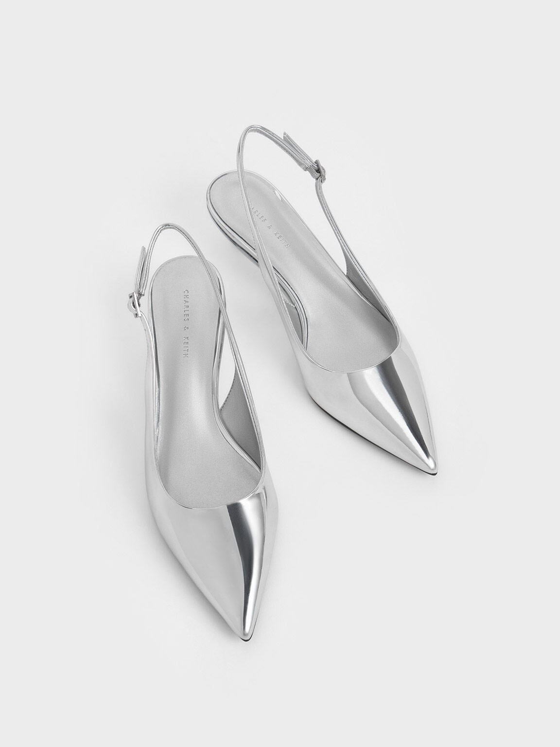 Curtis Metallic Slingback Kitten Heels - Silver | CHARLES & KEITH