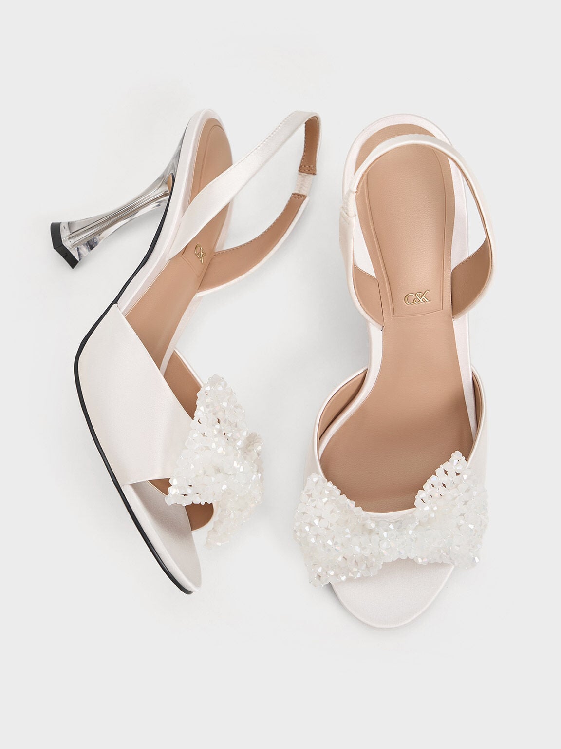 Beaded Bow Slingback Pumps - White | CHARLES & KEITH
