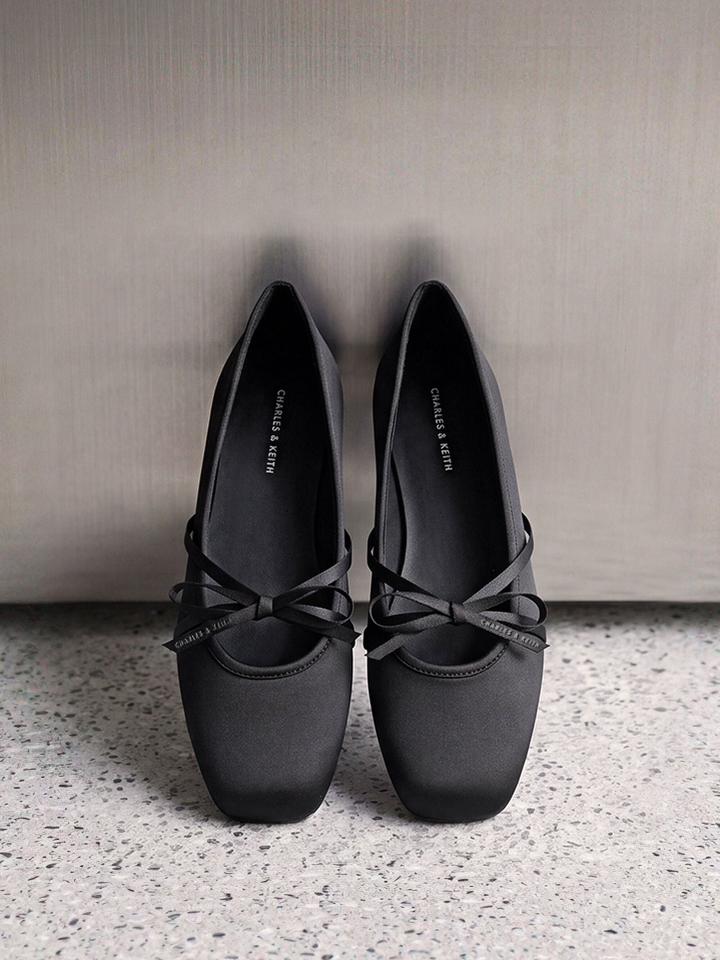 Satin Bow Ballet Flats - Black Textured | CHARLES & KEITH