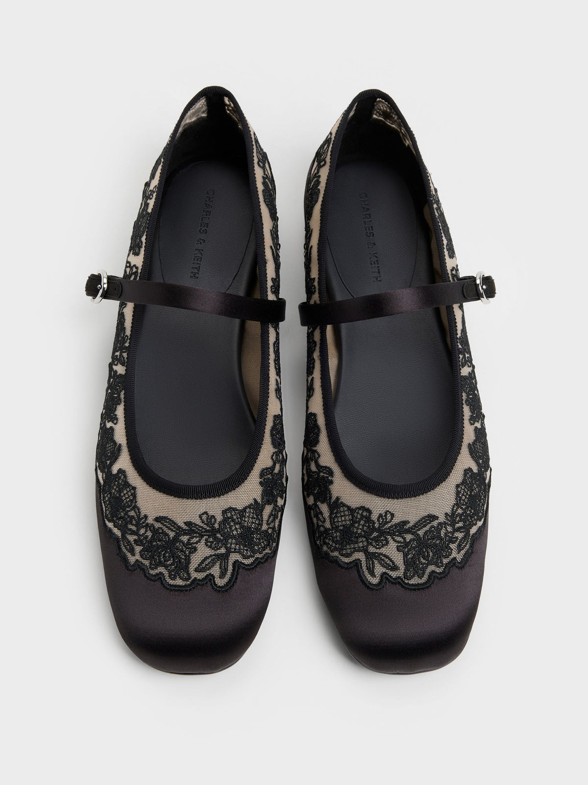 Satin Embroidered-Mesh Mary Jane Flats - Black Textured | CHARLES & KEITH