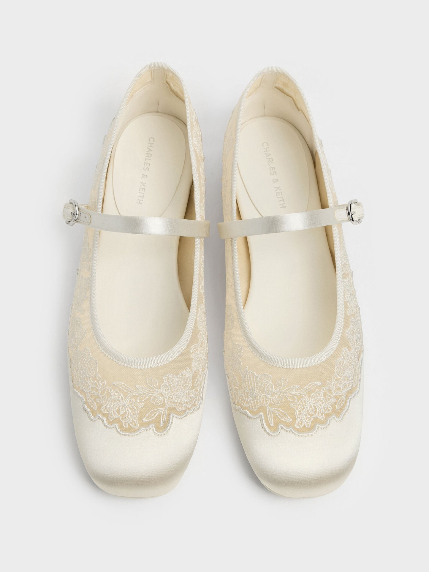 Satin Embroidered-Mesh Mary Jane Flats - White | CHARLES & KEITH