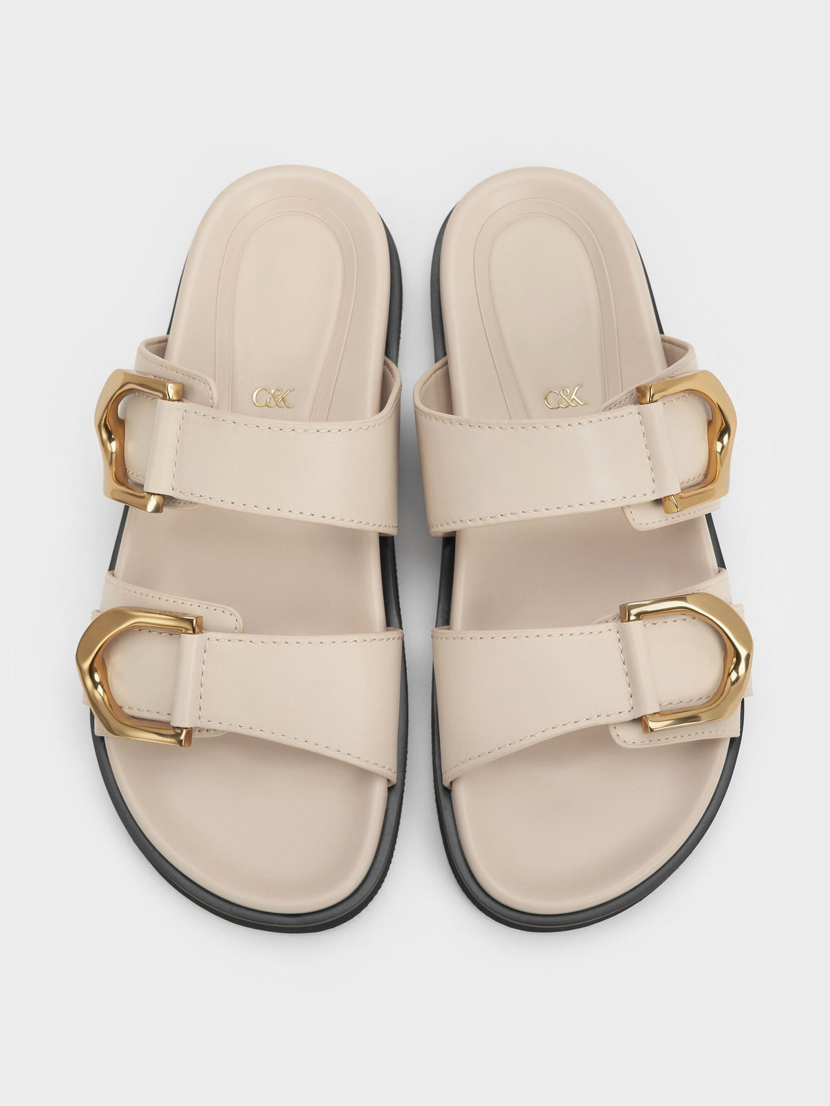 Gabine Gold-Buckle Leather Slides - Oat | CHARLES & KEITH