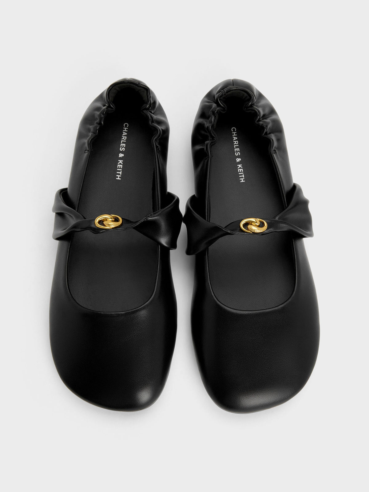 Metallic-Accent Twist-Strap Mary Jane Flats - Black | CHARLES & KEITH