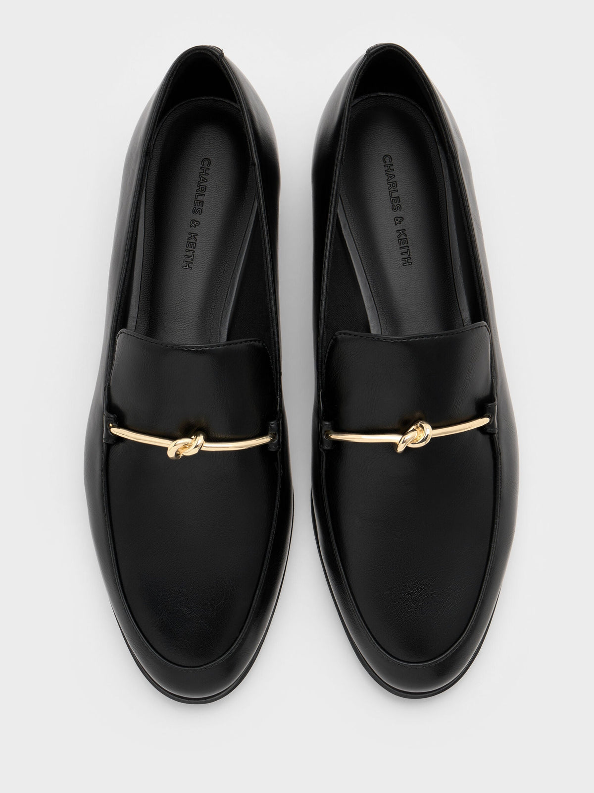 Metallic Knot-Bar Loafers - Black | CHARLES & KEITH