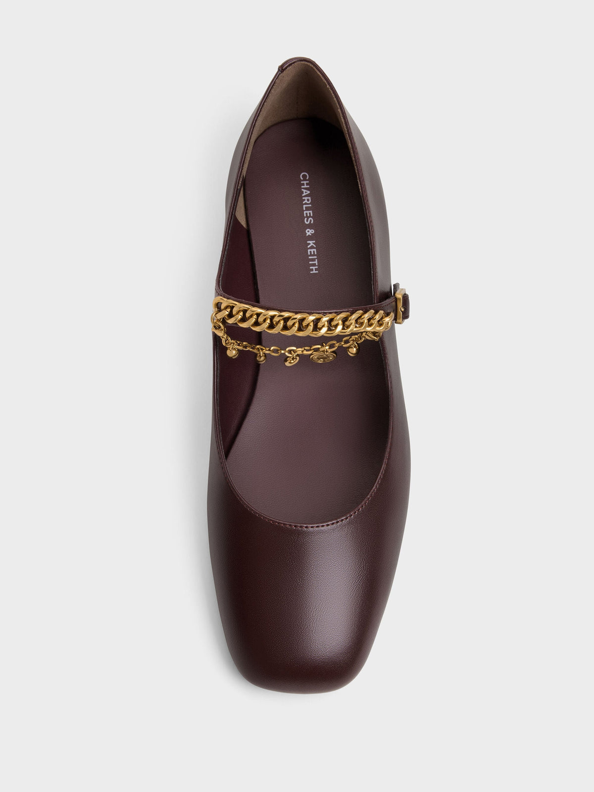 Double-Chain Charm Mary Jane Flats - Burgundy | CHARLES & KEITH
