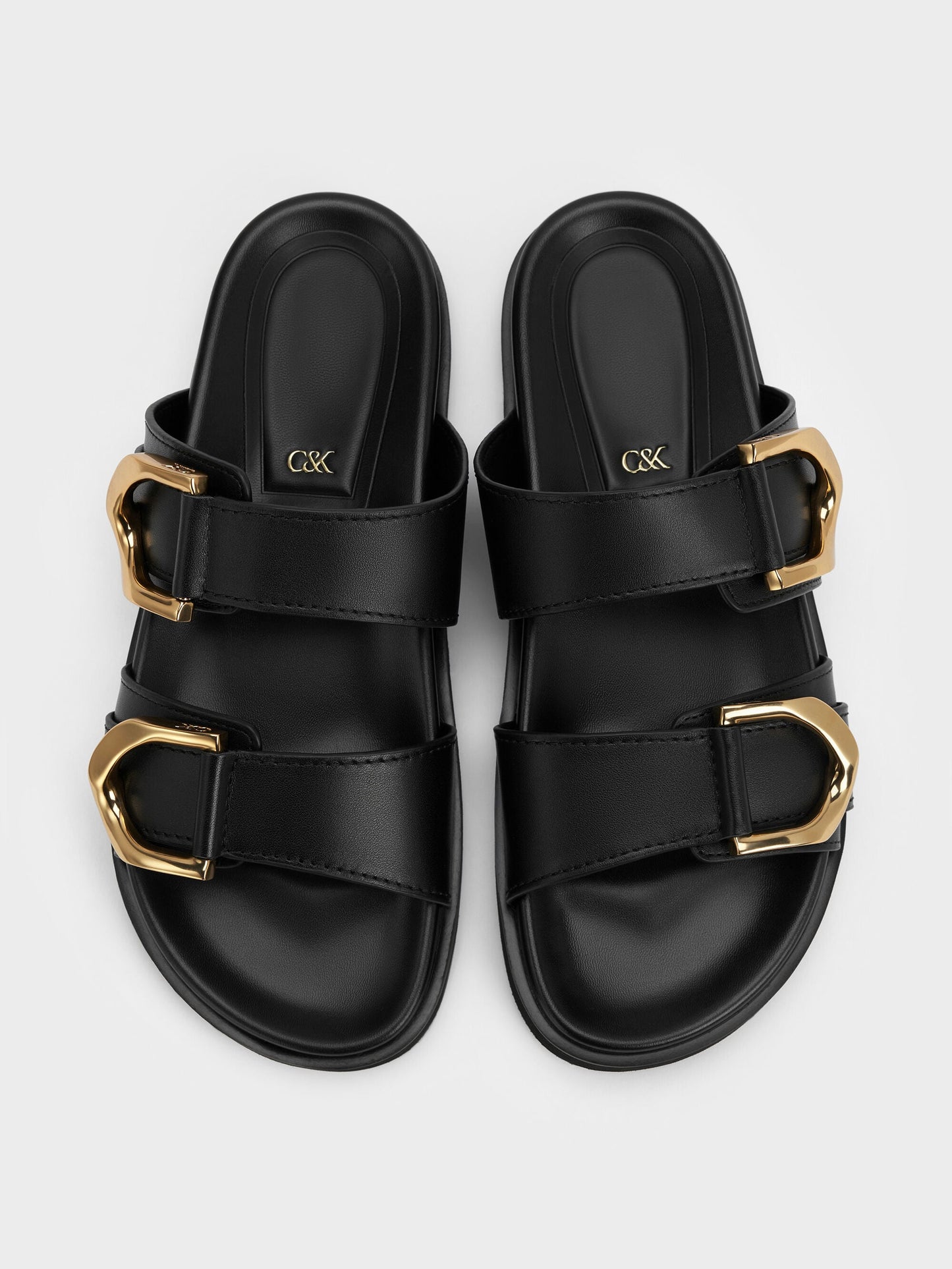 Gabine Gold-Buckle Leather Slides - Black | CHARLES & KEITH