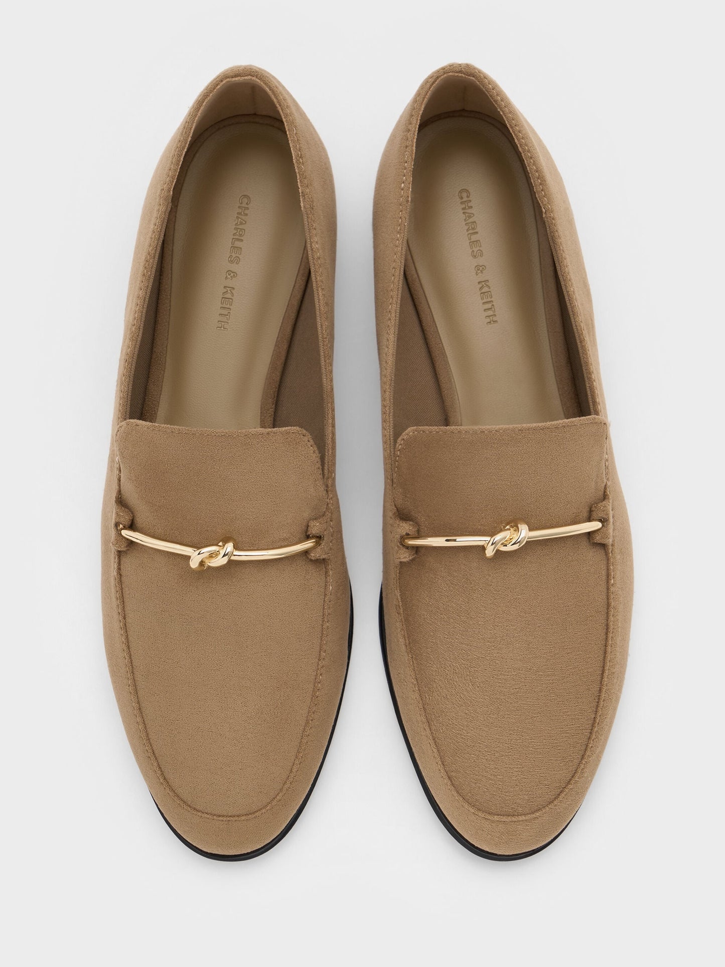Faux Suede Metallic Knot-Bar Loafers - Camel | CHARLES & KEITH
