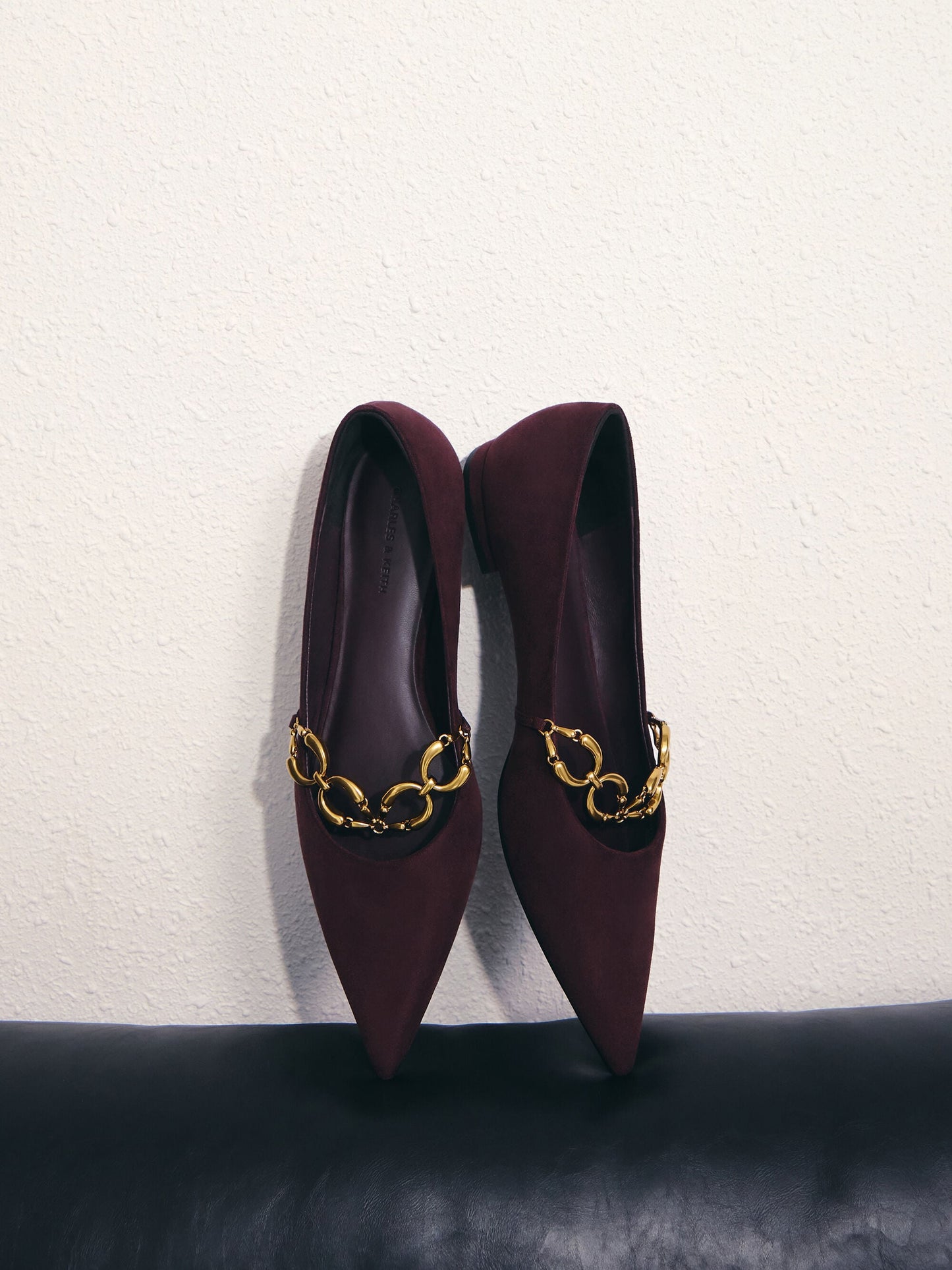 Faux Suede Metallic-Accent Ballet Flats - Burgundy | CHARLES & KEITH