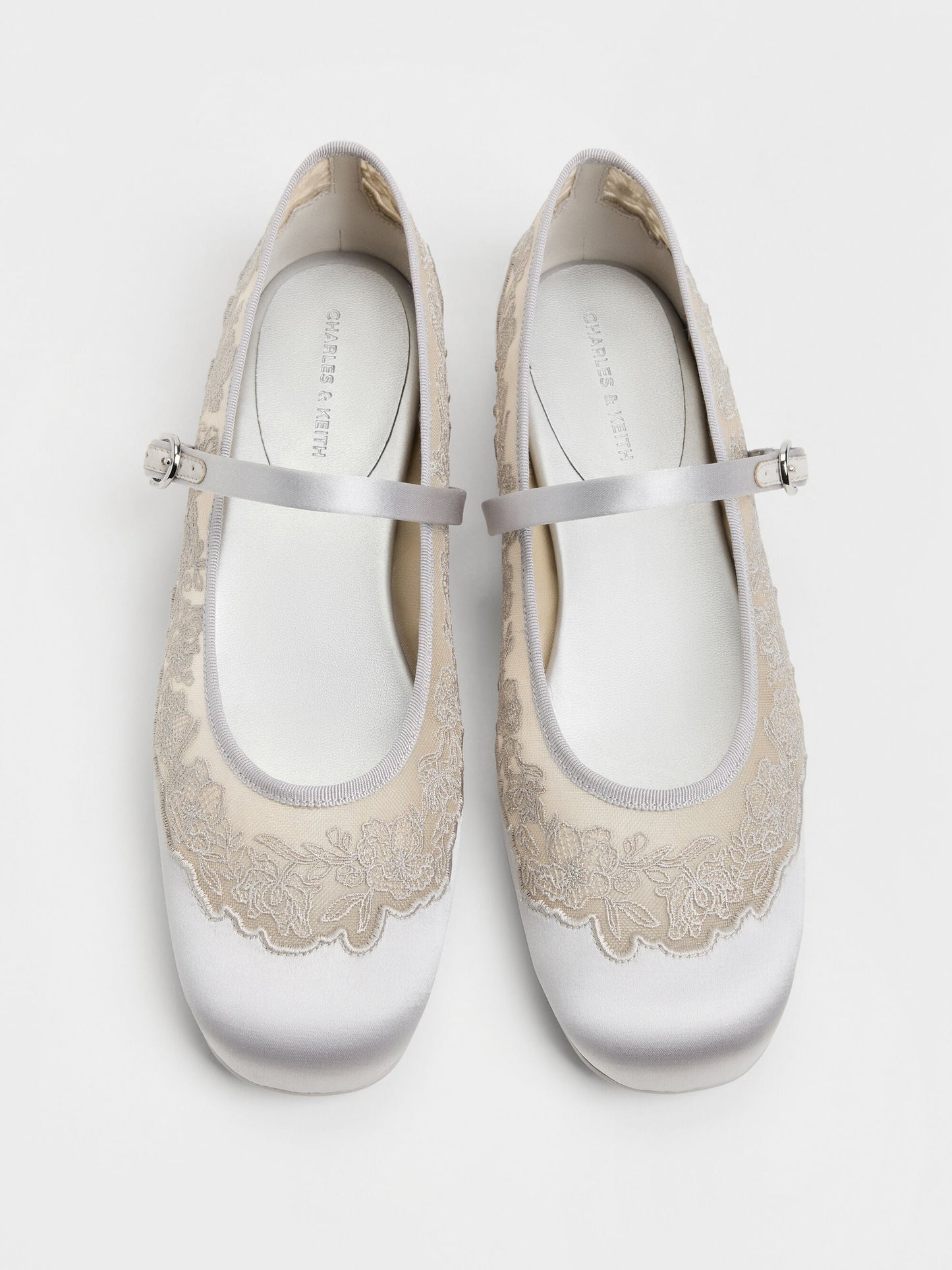 Satin Embroidered-Mesh Mary Jane Flats - Silver | CHARLES & KEITH