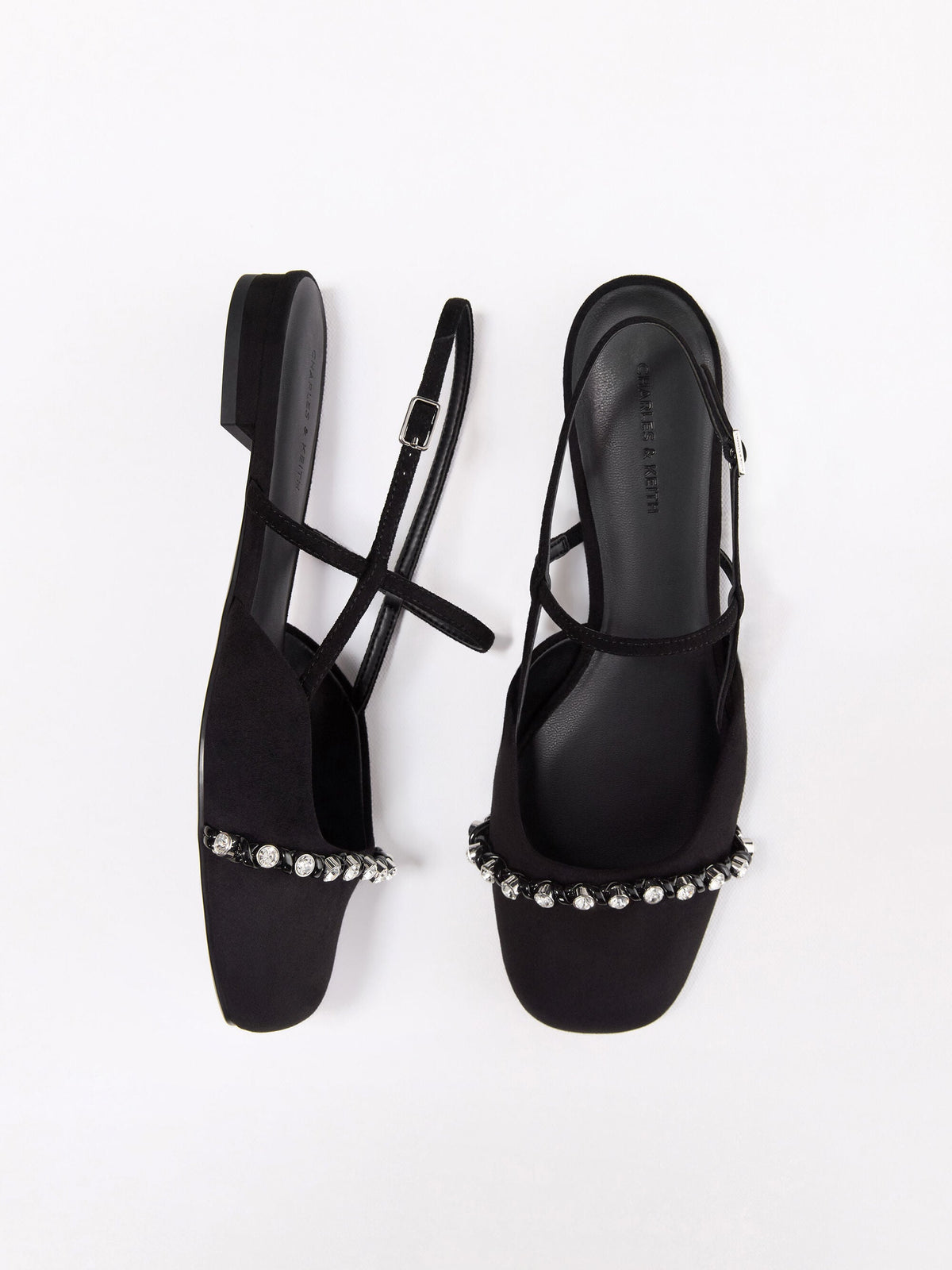 Faux Suede Crystal Slingback Flats - Black Textured | CHARLES & KEITH