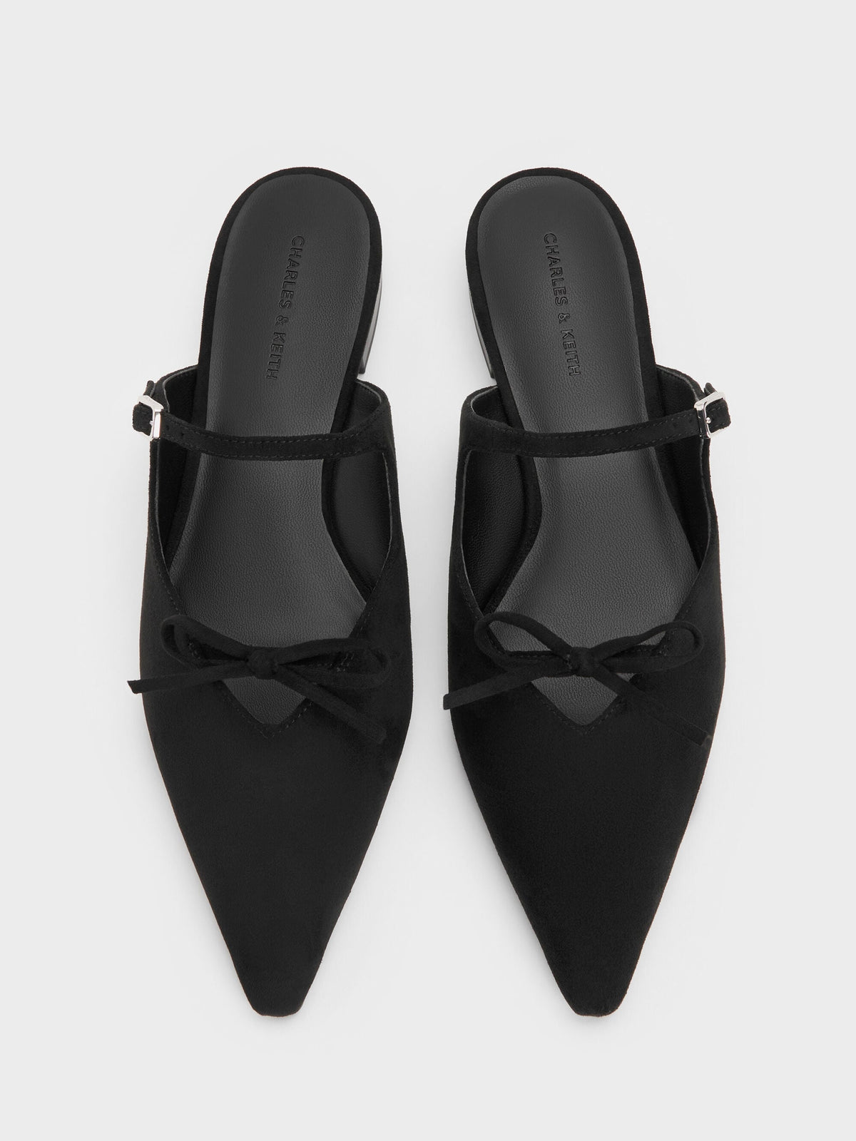 Faux Suede Bow Mary Jane Mules - Black Textured | CHARLES & KEITH