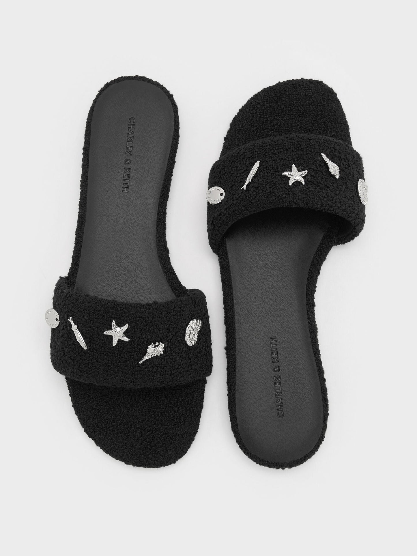 Tweed Beach Slide Sandals - Black Textured | CHARLES & KEITH