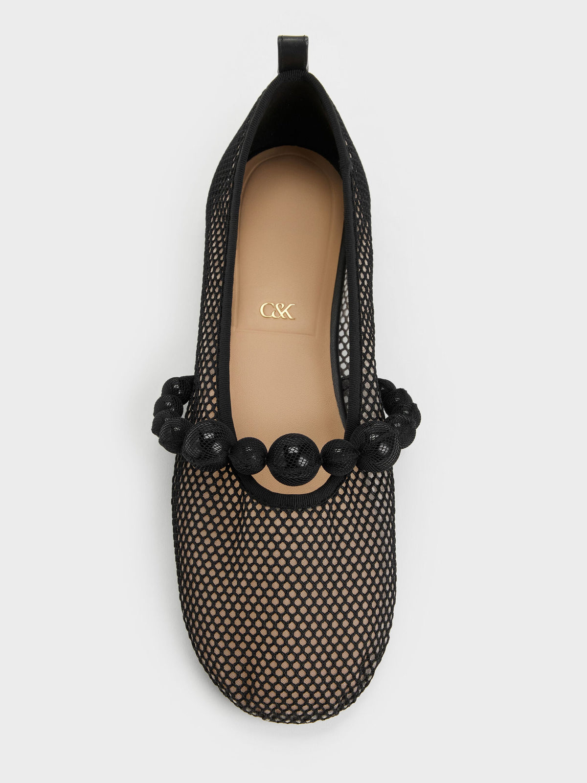 Leather Mesh Beaded Mary Jane Flats - Black Textured | CHARLES & KEITH