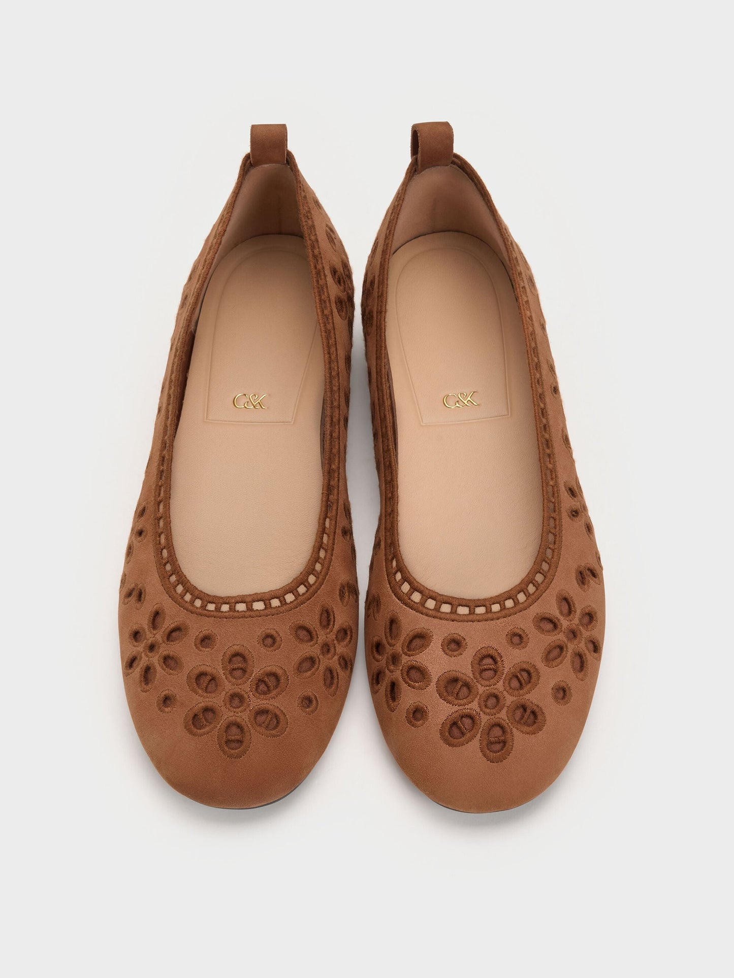Leather Embroidered Ballet Flats - Cognac | CHARLES & KEITH