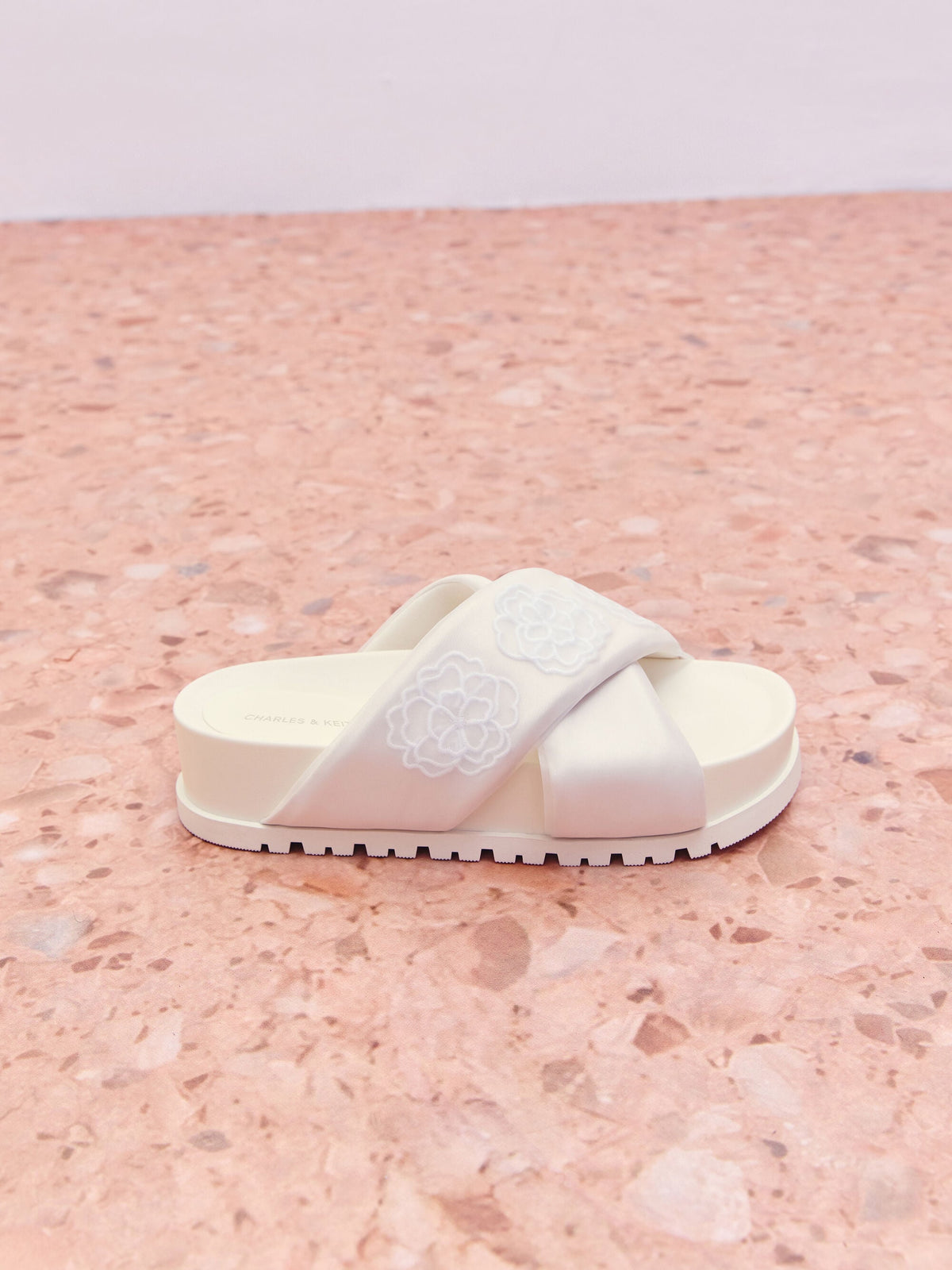 Satin Embroidered-Flower Crossover Sandals - Chalk | CHARLES & KEITH