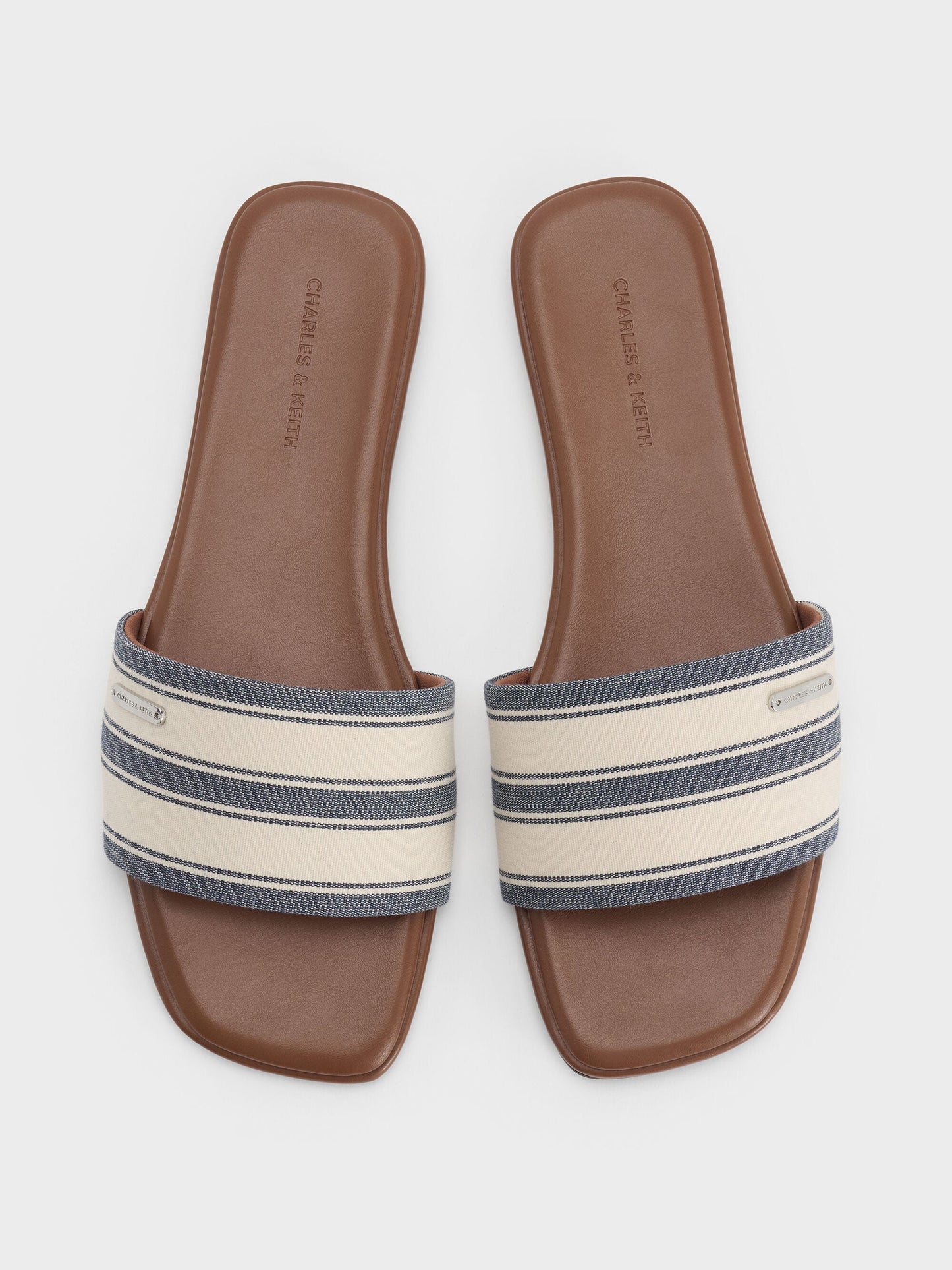 Striped Square-Toe Slide Sandals - Dark Blue | CHARLES & KEITH