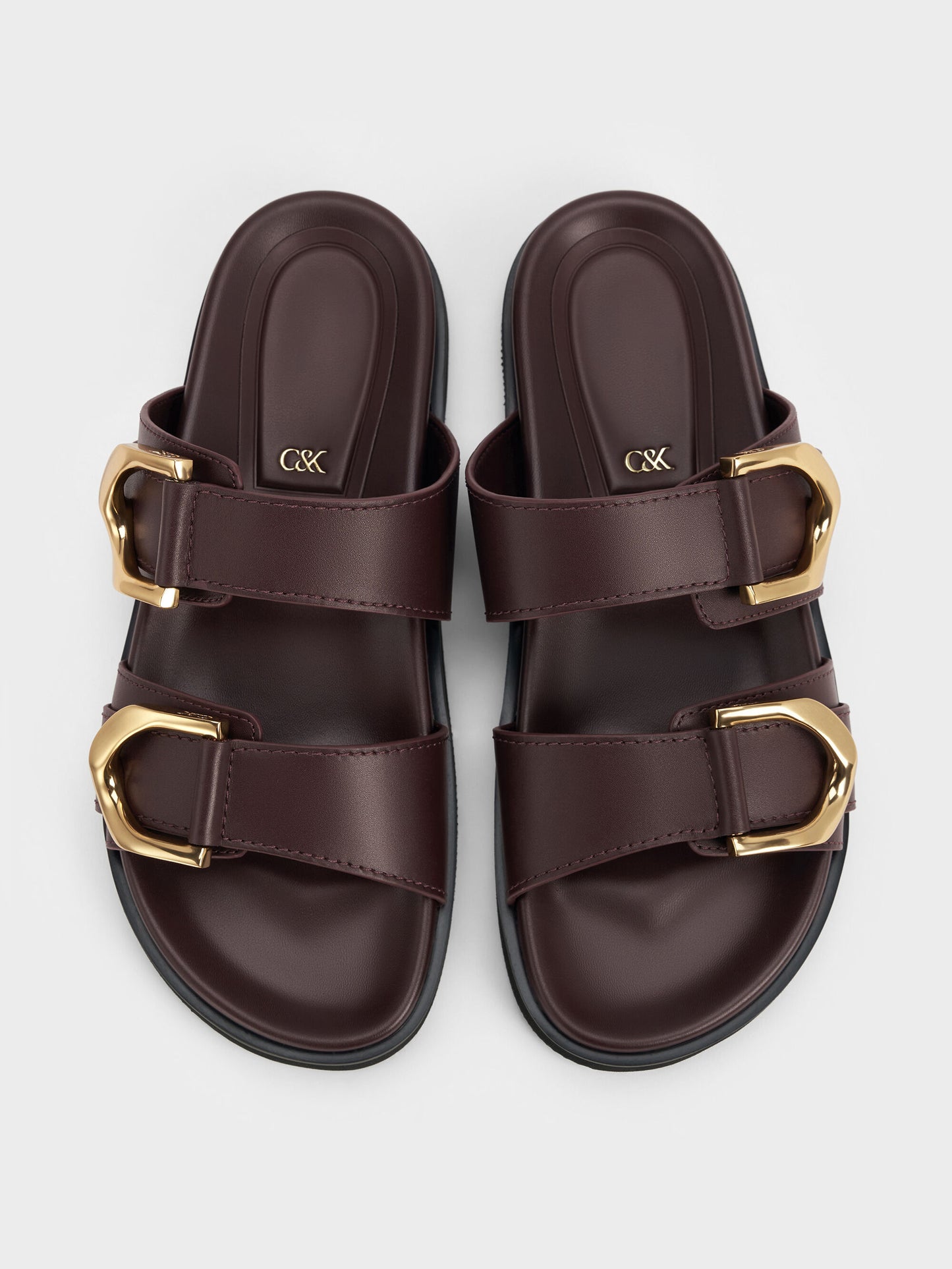Gabine Gold-Buckle Leather Slides - Plum | CHARLES & KEITH