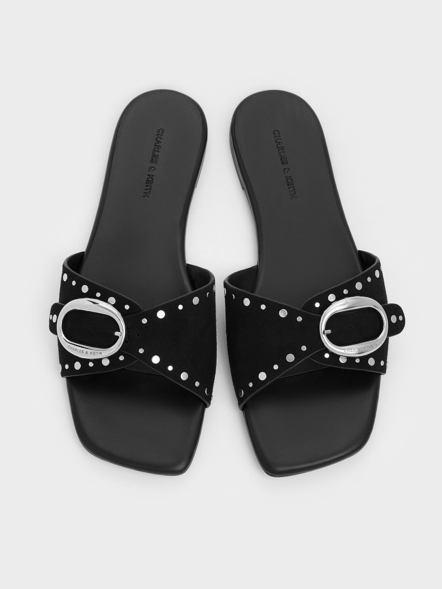 Studded Buckled Slide Sandals - Black | CHARLES & KEITH