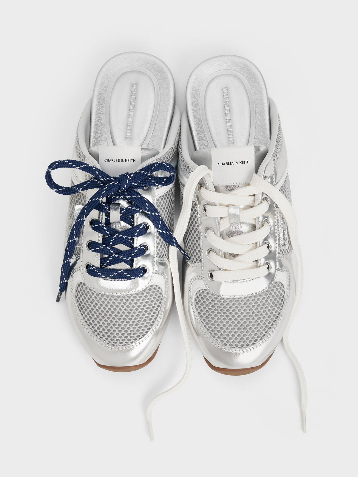 Metallic Mesh Lace-Up Sneaker Mules - Silver | CHARLES & KEITH