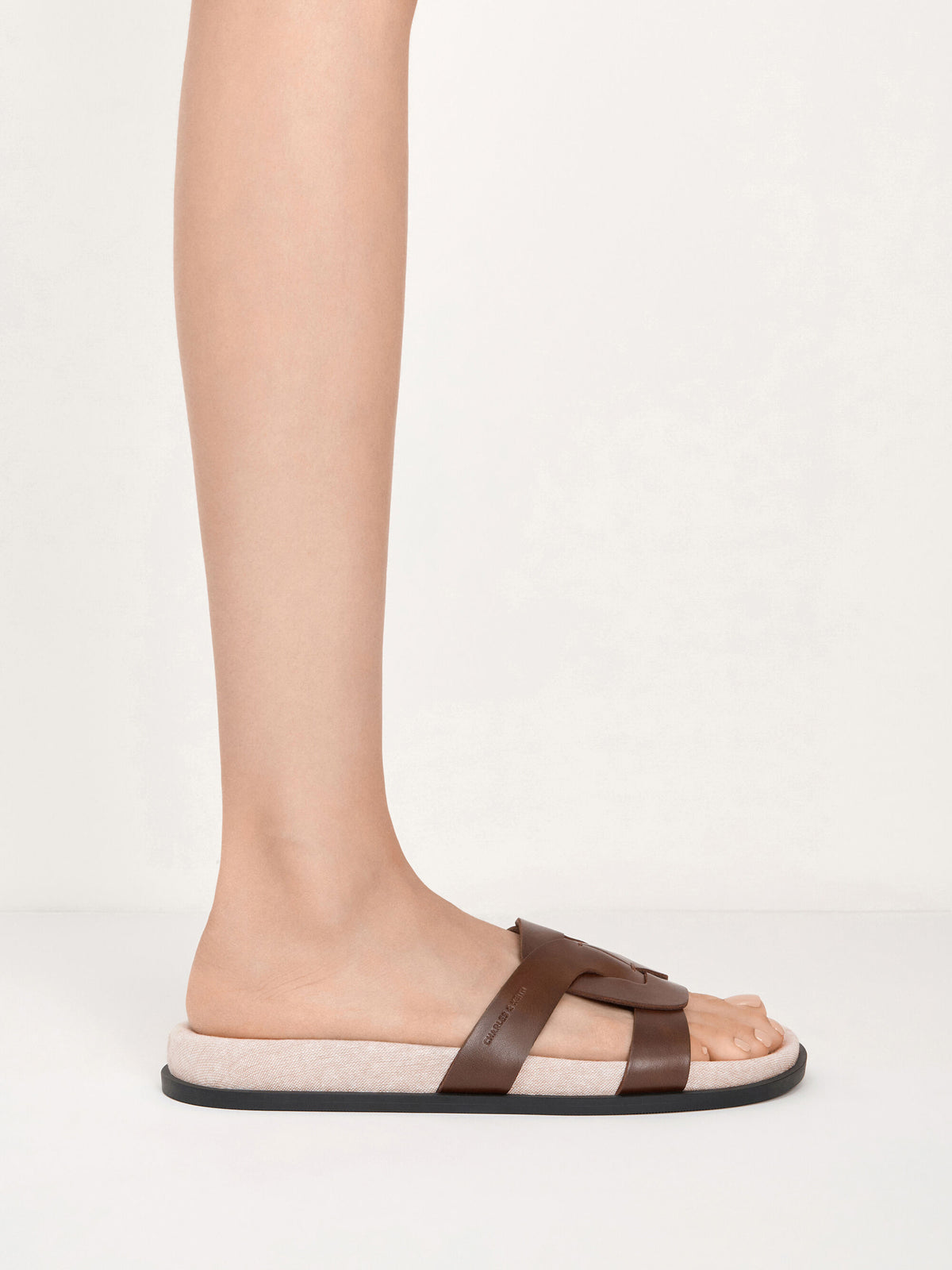 Fannie Linen Interwoven Slide Sandals - Dark Brown | CHARLES & KEITH