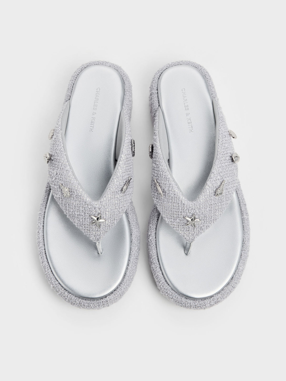 Tweed Beach Flatform Thong Sandals - Silver | CHARLES & KEITH