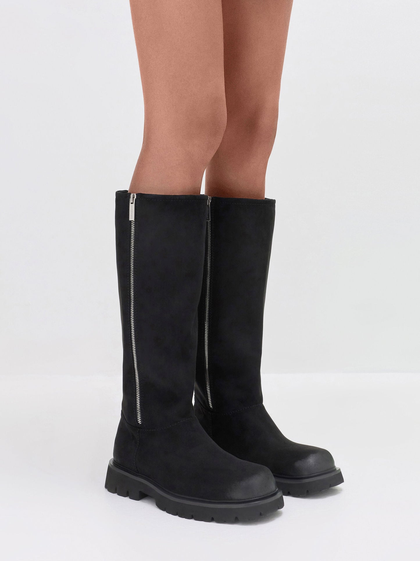 Rosamond Faux Suede Knee-High Boots - Black Textured | CHARLES & KEITH