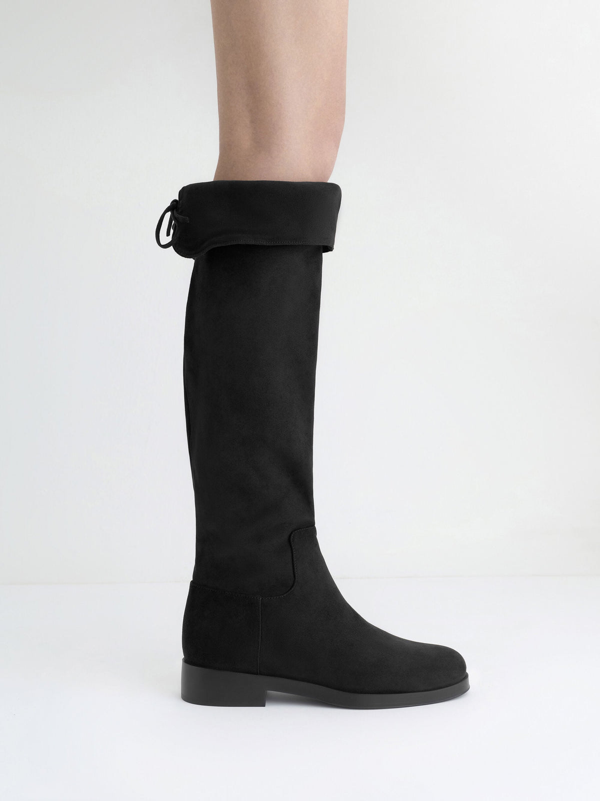 Louisa Faux Suede Fold-Over Thigh-High Boots - Black Textured | CHARLES & KEITH