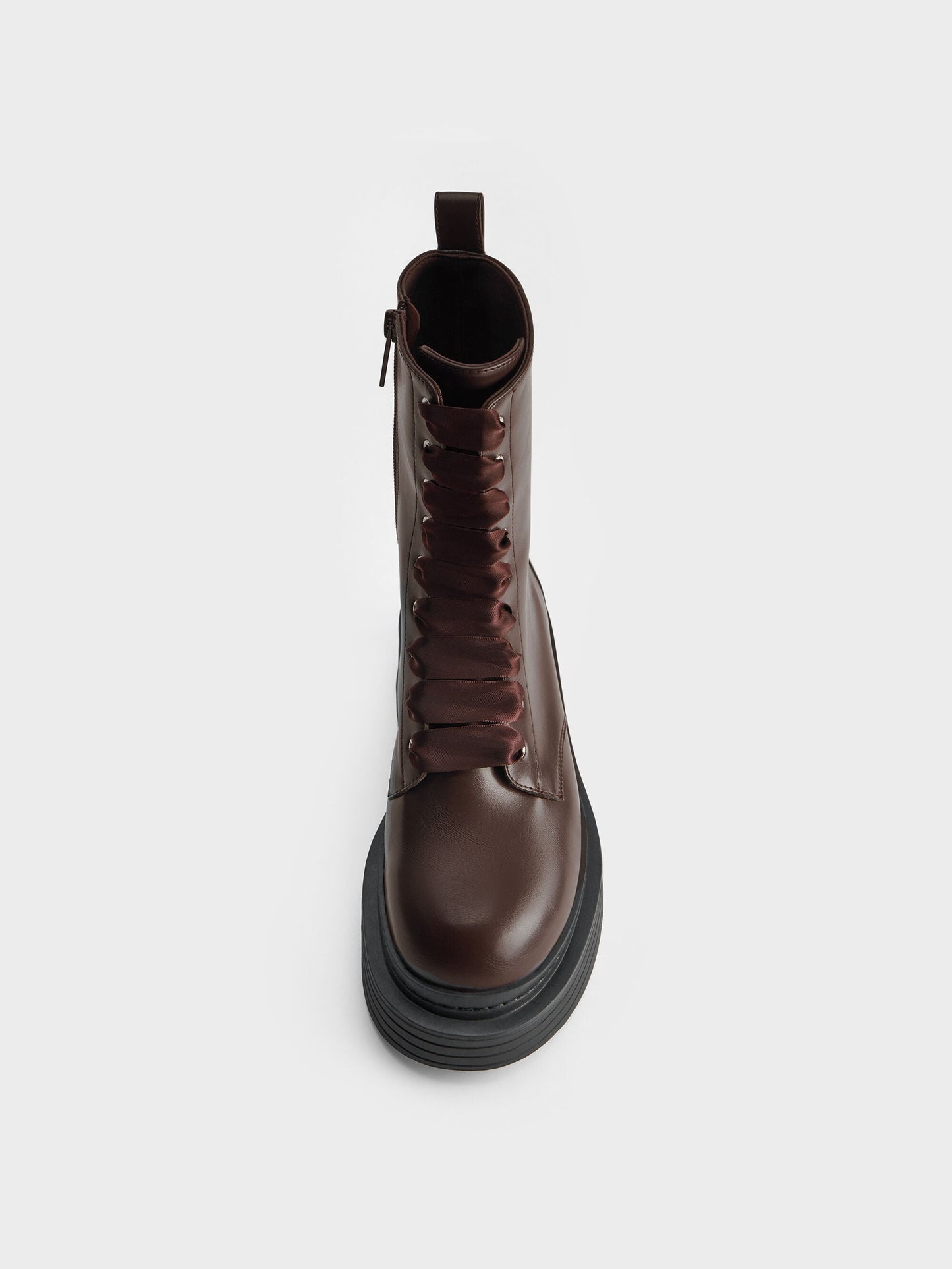 Satin-Lace Platform Combat Boots - Dark Brown | CHARLES & KEITH