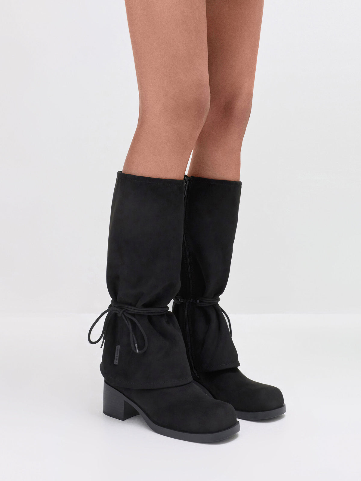Faux Suede Tie-Around Knee-High Boots - Black Textured | CHARLES & KEITH