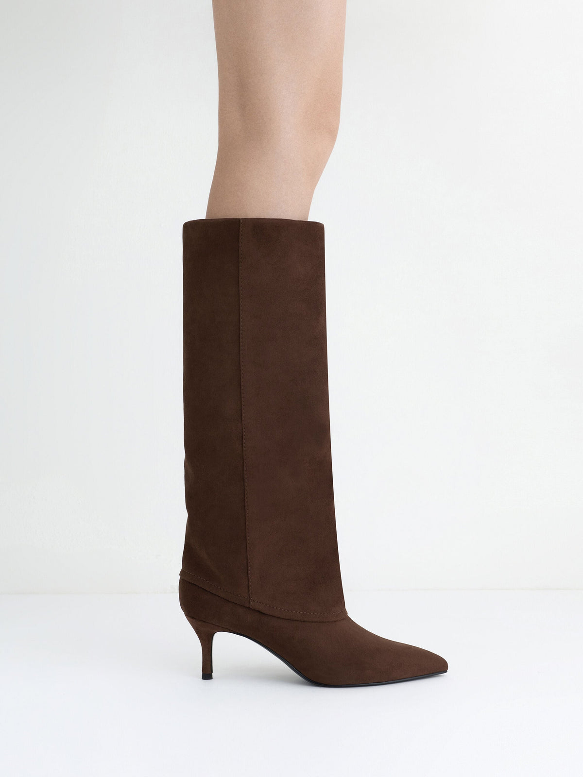Faux Suede Pointed Stiletto Knee-High Boots - Dark Brown Textured | CHARLES & KEITH