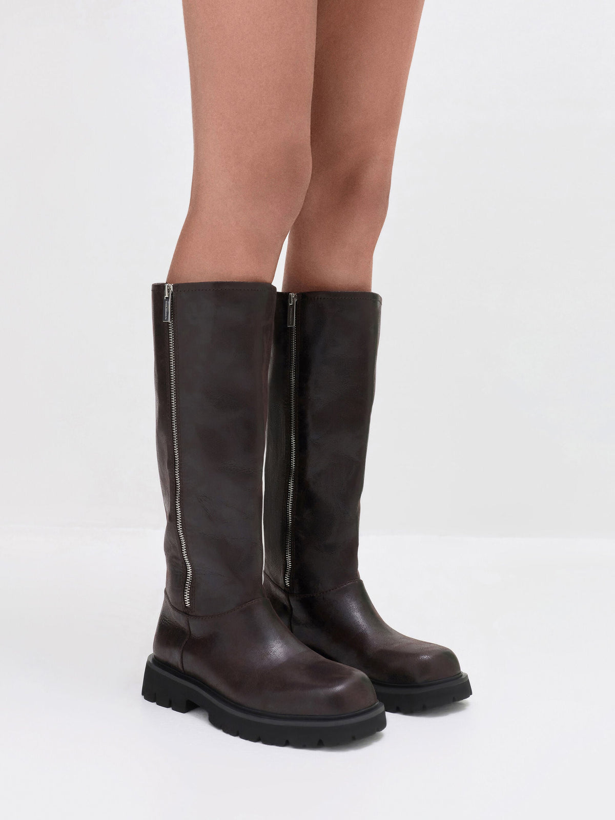 Rosamond Knee-High Boots - Dark Brown Textured | CHARLES & KEITH
