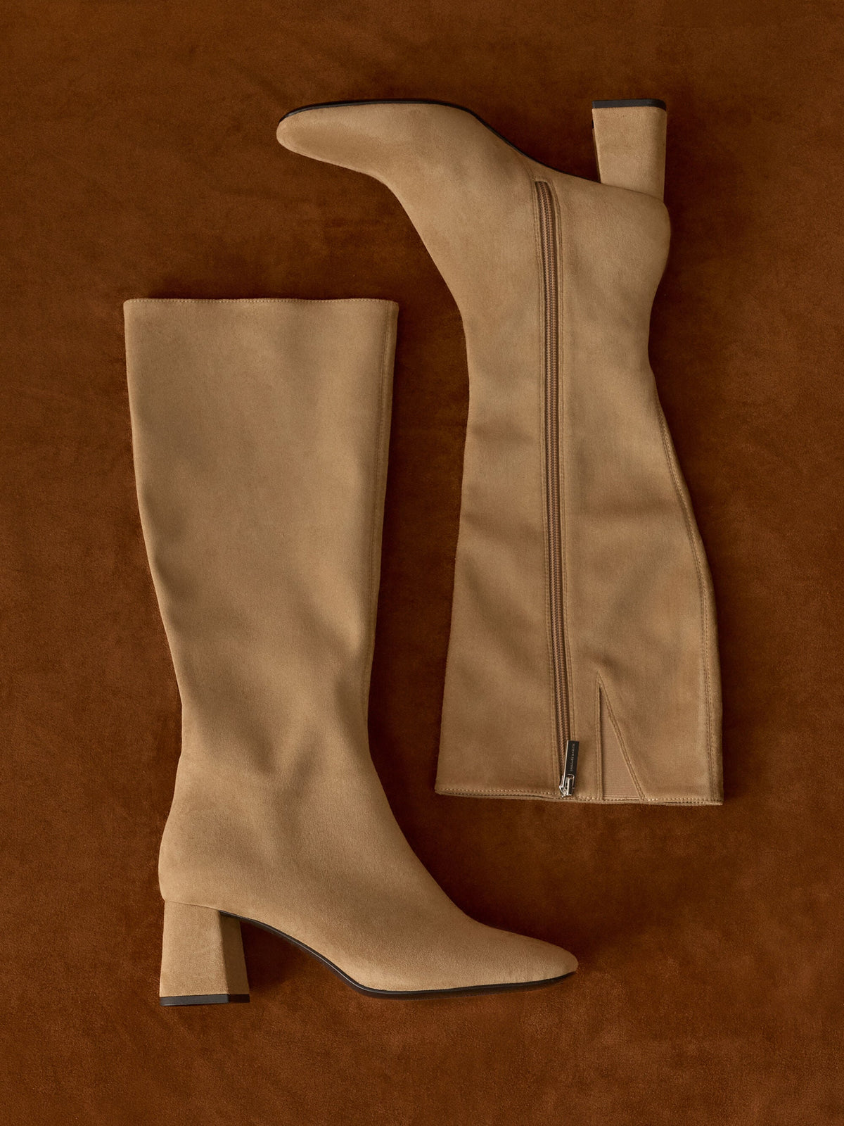 Faux Suede Square-Toe Knee-High Boots - Sand | CHARLES & KEITH